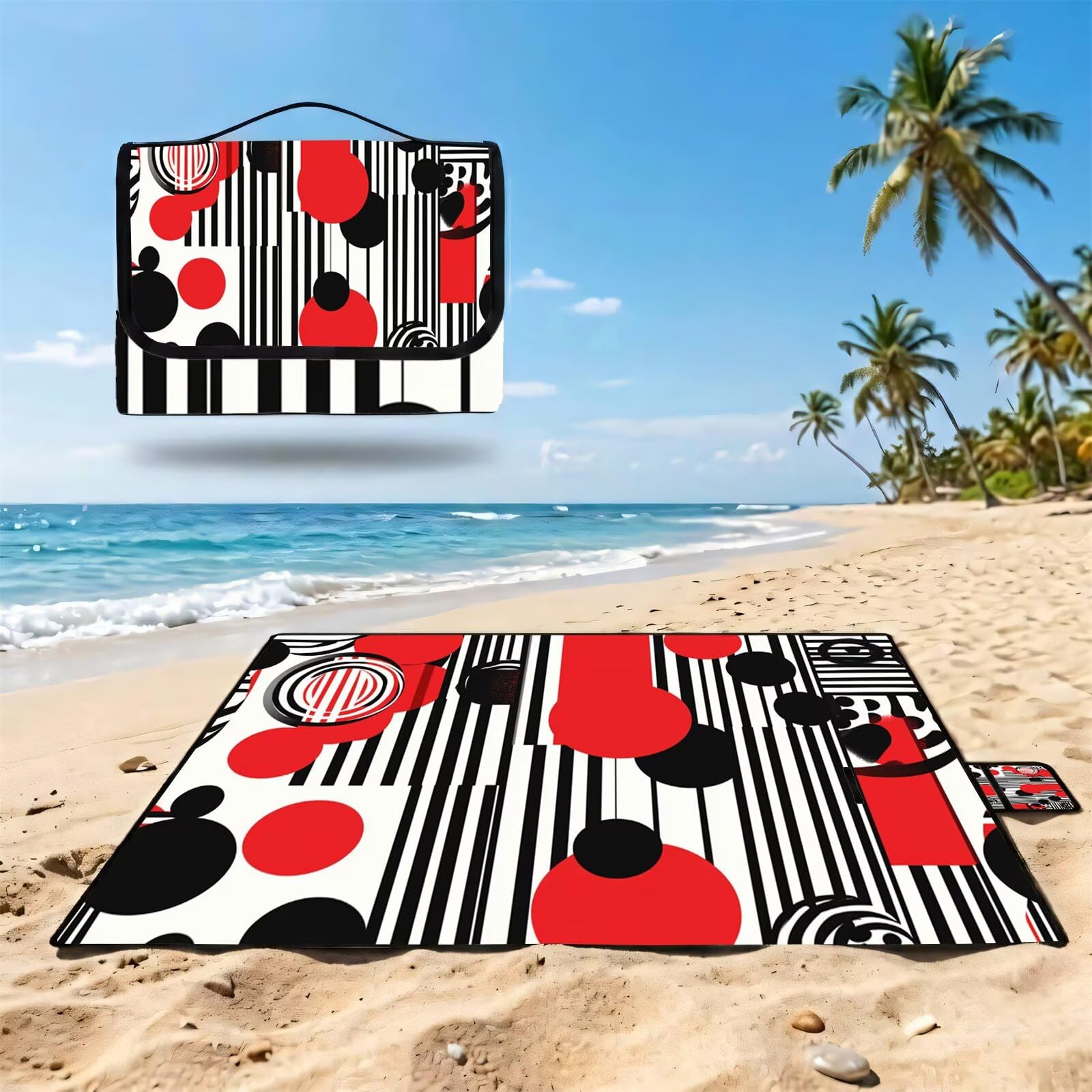 Couverture Pique Nique Grande 200x300cm,Outdoor Couverture Imperméable,Pliable Tapis de Plage Dos en PVC Anti-Sable,Picnic Blanket pour Camping Accessoires,Jardin,Parc - Noir,géométrique UZ-385