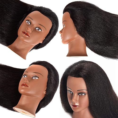 Miniatura 59 de Cabeza de entrenamiento de 14 pulgadas, muñeca cosmetológica de cabello real, para peinar, trenzar, rizar, enrollar y exhibir con soporte negro