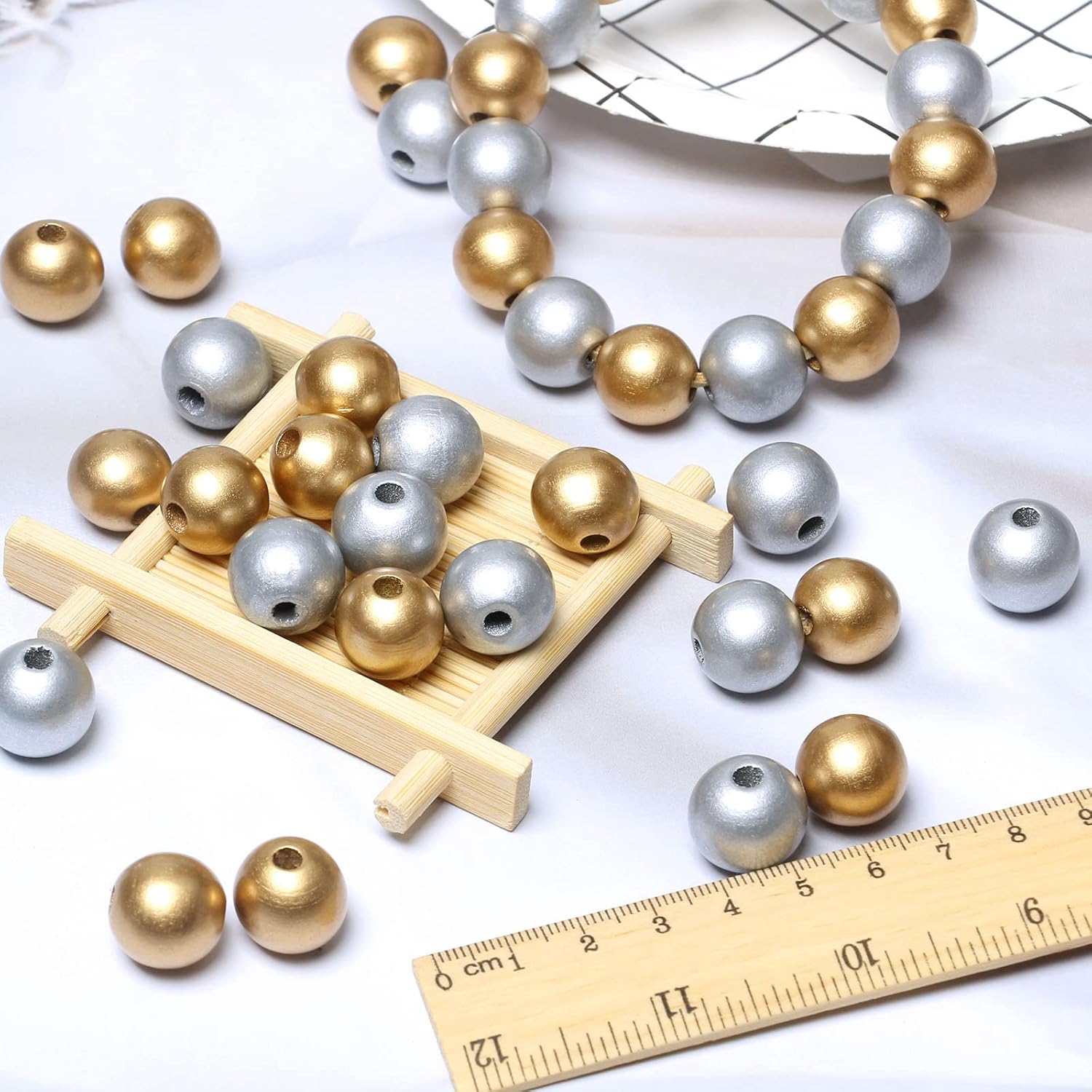 100 Wood Beads for Garlands, 16mm Gold and Silver Wooden Loose Beads for Crafts Making, Colorful Farmhouse Wooden Beads for Home Decor - Image 5