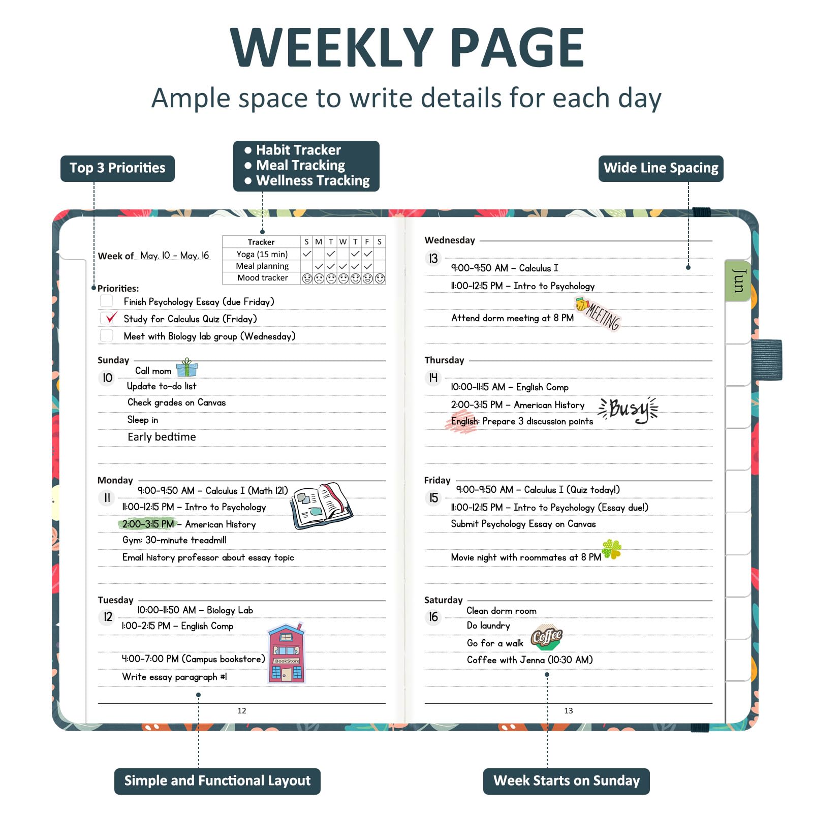 Comkiso Agenda settimanale e mensile non datata, con linguette adesive, A5, planner accademico senza data, per donne e uomini, pianificazione giornaliera, copertina rigida, in pelle, tutto in uno, per