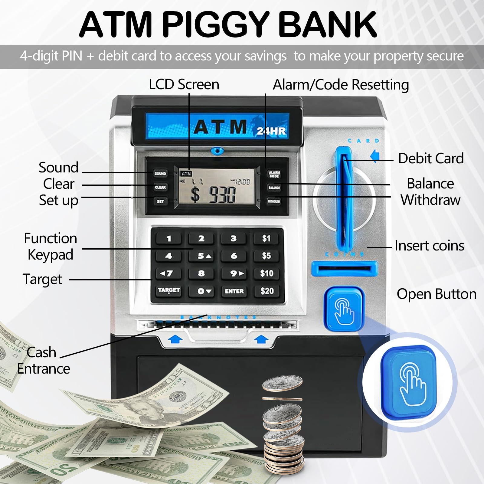 Salvadanaio Elettronico, Money Bank Cassa di Risparmio Versione EURO ATM Salvadanaio Elettronico Digitale ATM per Monete e Banconote Auto Scorrimento Carta Money Saving Box
