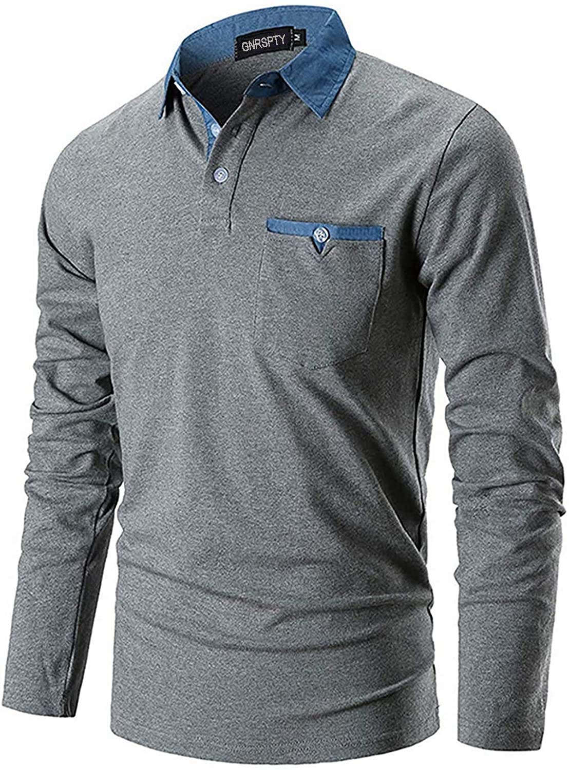 GNRSPTY Polo Manica Lunga Uomo Maglietta Denim Collare Maglia Elegante Cotone T-Shirt Golf Tennis Lavoro Camicia