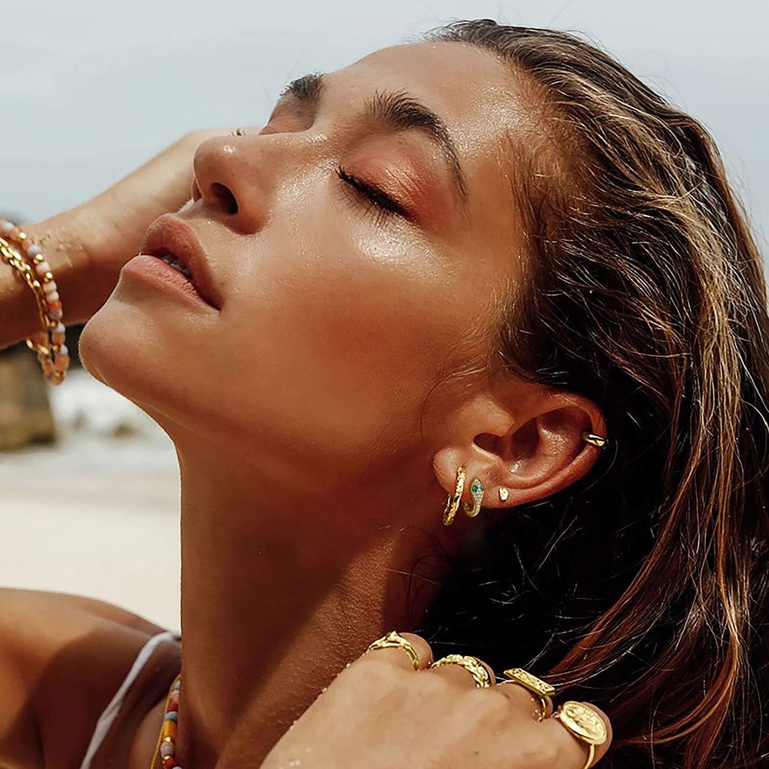 FETTERO Women Earrings Gold Plated Huggie Hoop Earrings Delicate Small Dainty Earings Snake Ball CZ Hoops for Women - Image 3