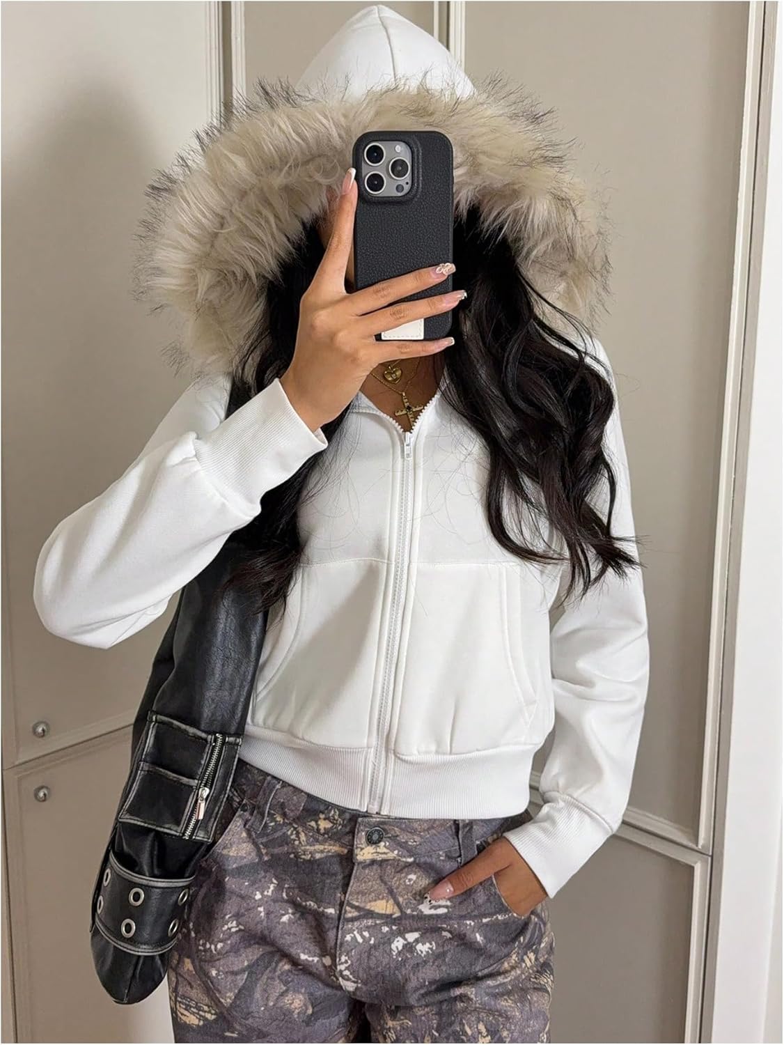 GORGLITTER Women's Fur Hoodie Zip Up Crop Jacket Fuzzy Long Sleeve Trendy Open Front Hooded Sweatshirts Fall Outfits - Image 3
