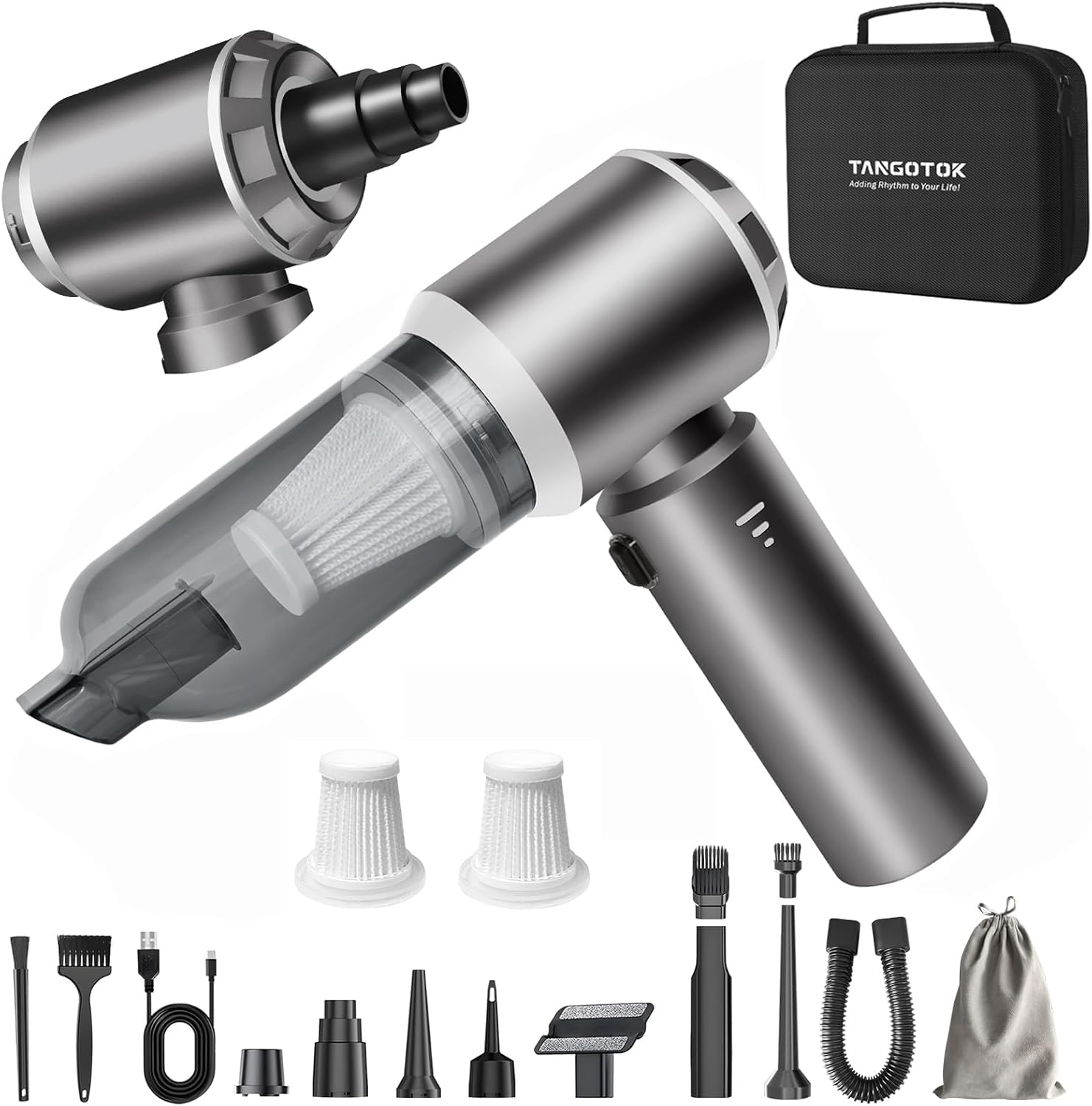 4-in-1 Cordless Car Vacuum & Compressed Air Duster, 20000PA Suction 80000RPM Brushless Motor, 3-Level LED Indicator for Sewing Machine Lint, Vinyl Records, PC Cleaning, Car Detailing (Silver)