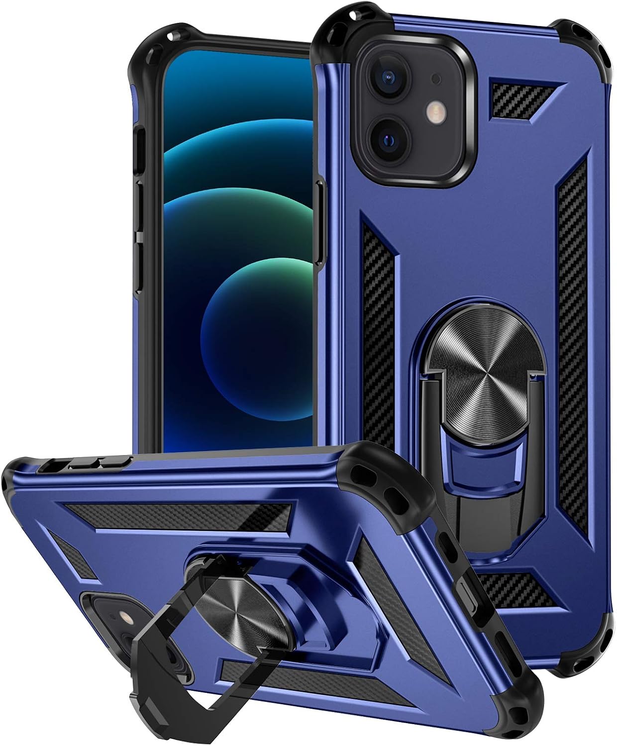 Mastten Case Compatible with iPhone 12/12 Pro Case 6.1" 2020, 2-in-1 Layer Shock-Absorption Protective Case with Magnetic Car Mount Ring Kickstand, Navy Blue