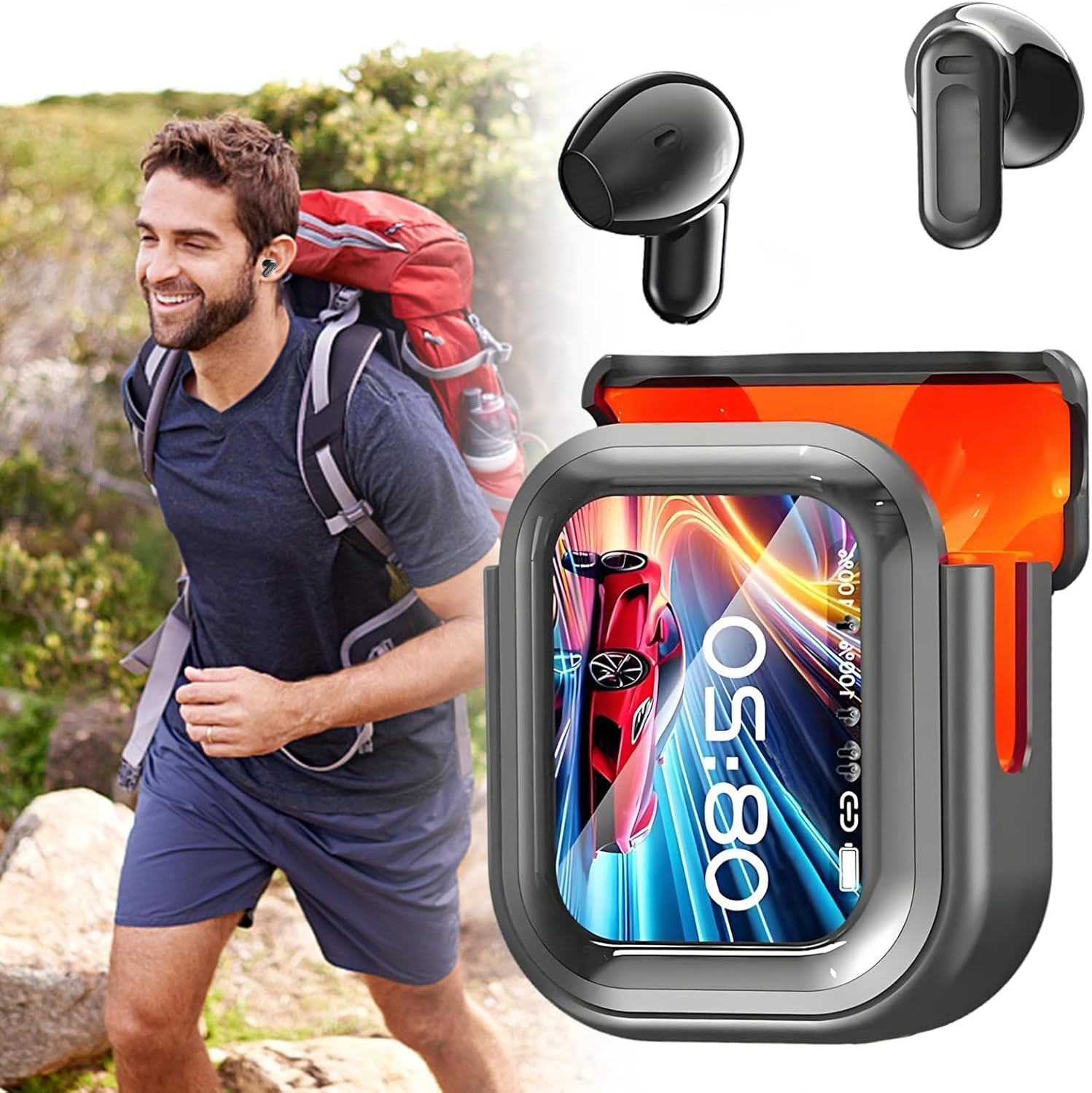 Man hiking while wearing Lidary Translator Earbuds, with the charging case displaying time and battery status.