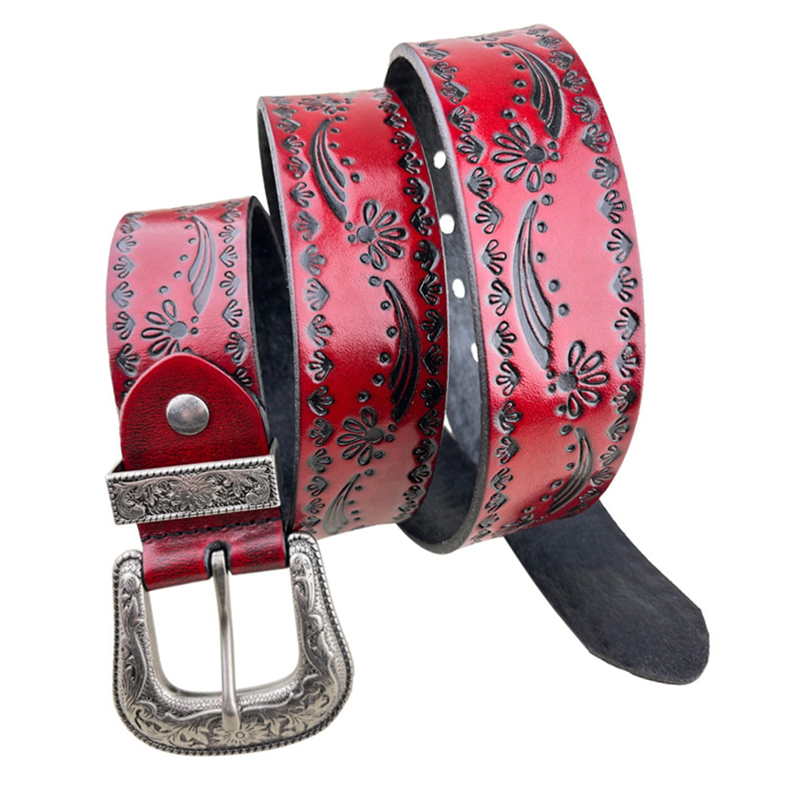 Cinture Occidentali in Vera Pelle Goffrata per Uomo E Donna con Fibbia Floreale Incisa in Argento Larga 3,8 Cm per Cowboy E Cowgirl(110cm/43, Red)