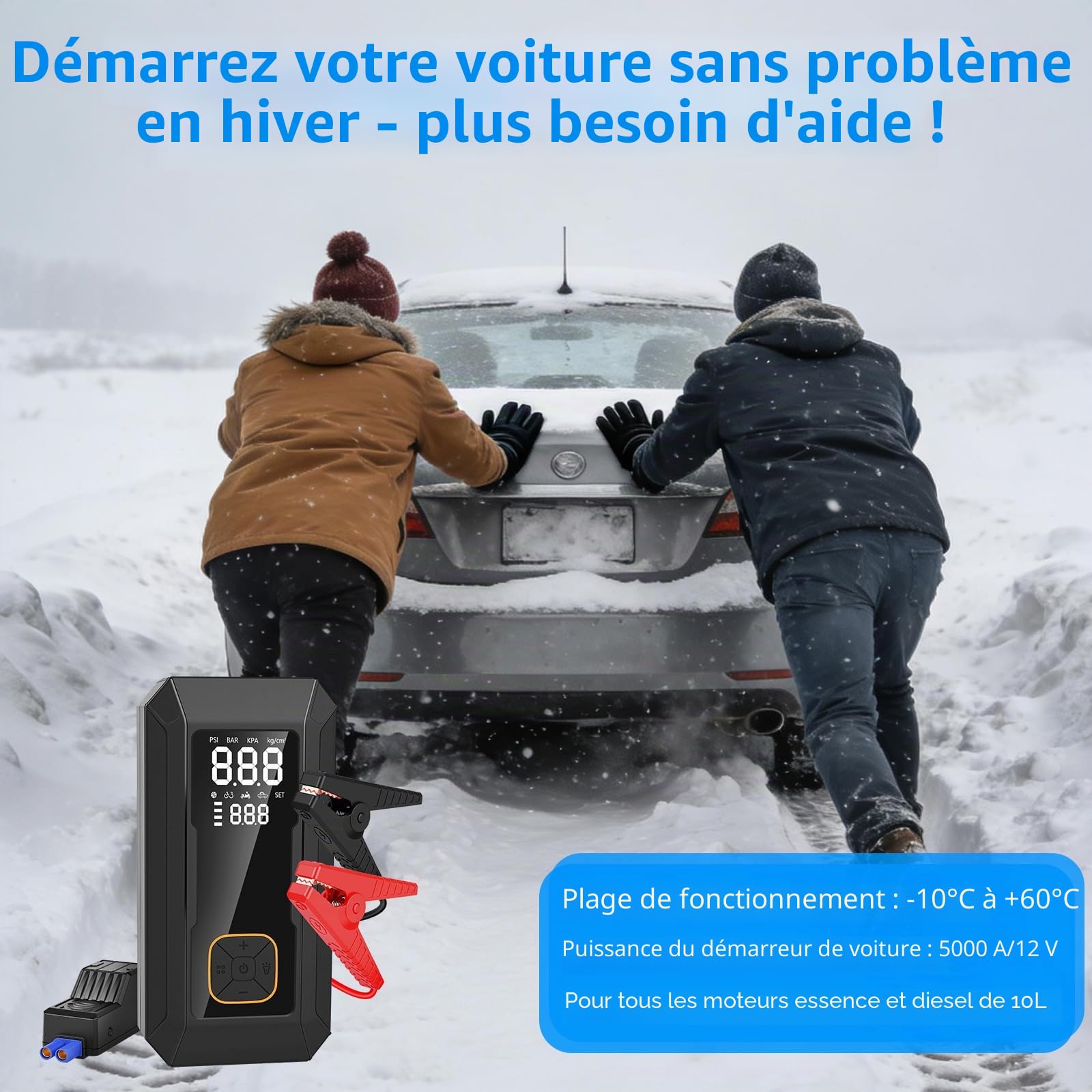 Booster Batterie avec Compresseur,Démarreur Batterie Voiture, 150PSI Gonfleur de Pneus,8000mAH Gonfleur Pneus Voiture,Tout Gaz ou 8.0L Diesel, Écran LCD, Eclairage de Secours, Banque d'alimentation