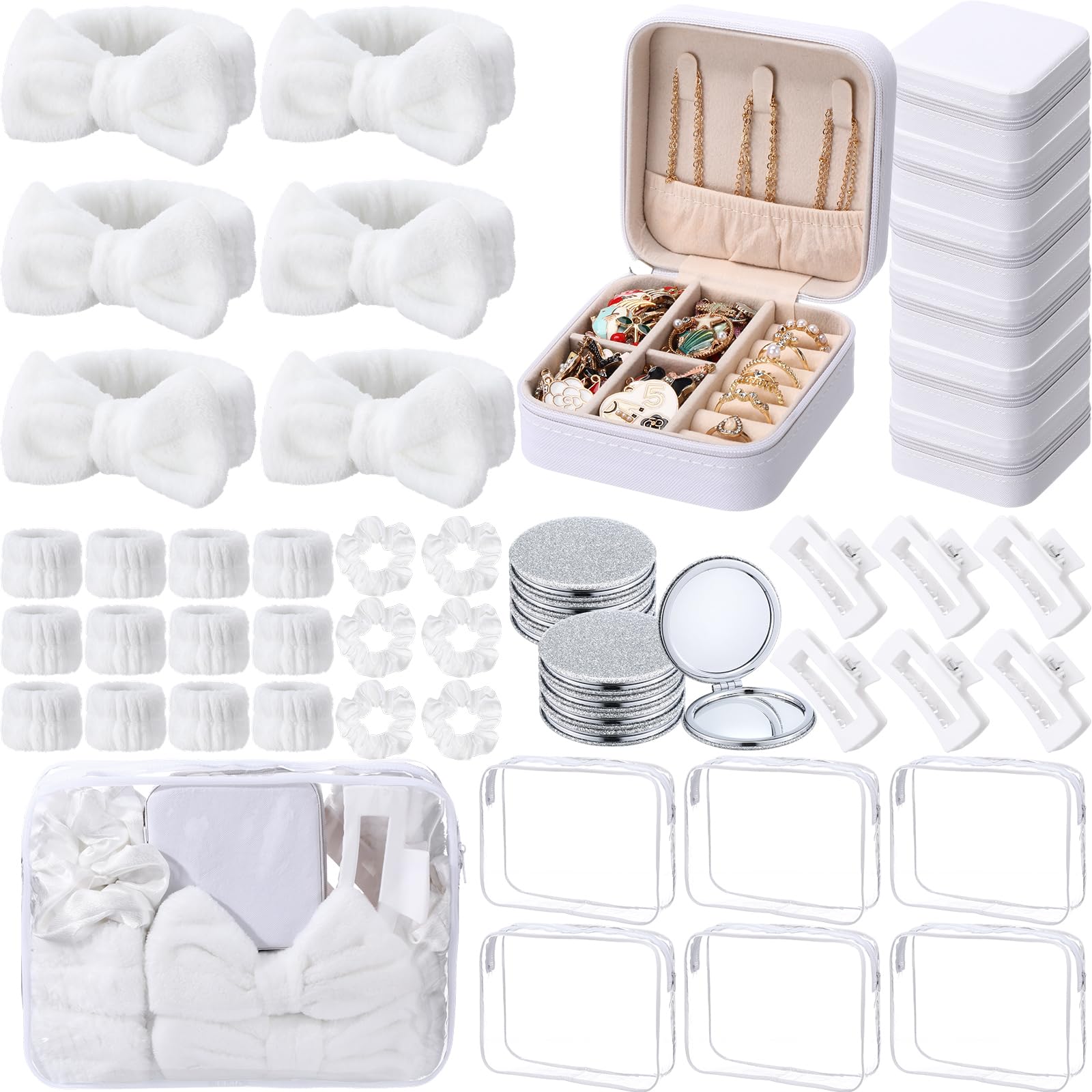 Photo 1 of Suncalla 48 Pcs Spa Party Favors Bridesmaid Proposal Gifts Sleepover Party Supplies Bow Headband Scrunchies Jewelry Case Makeup Bag Mirror for Women Graduation Birthday Return Gifts (White)