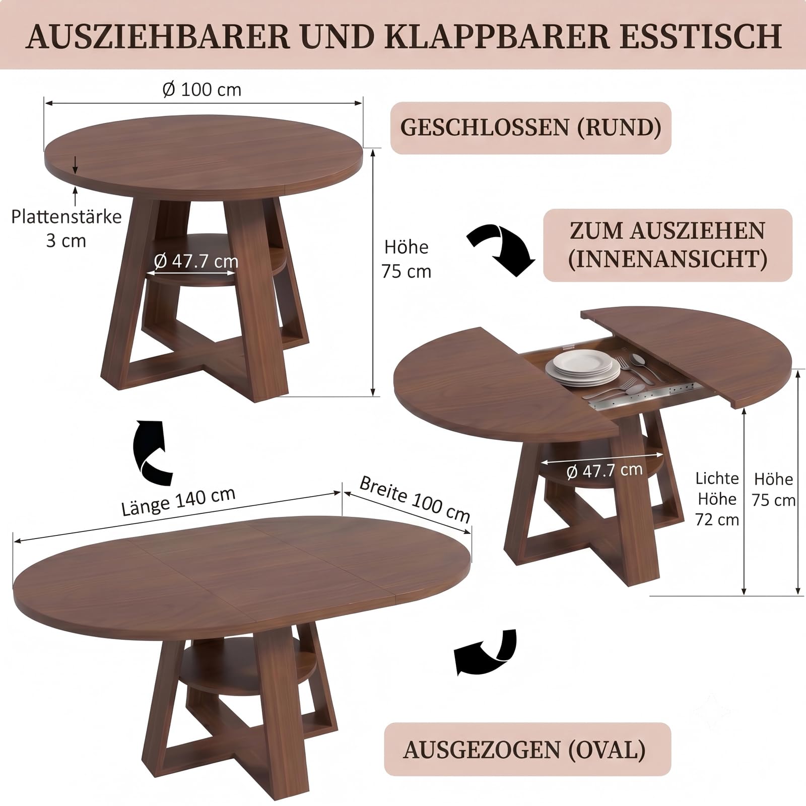 Mesa de Comedor Extensible de Madera, Mesa de Cocina 100 cm-140 cm, Mesa de Comedor para 2-8 Personas, Mesa Extensible con Tablero Extraíble, Estructura de Madera