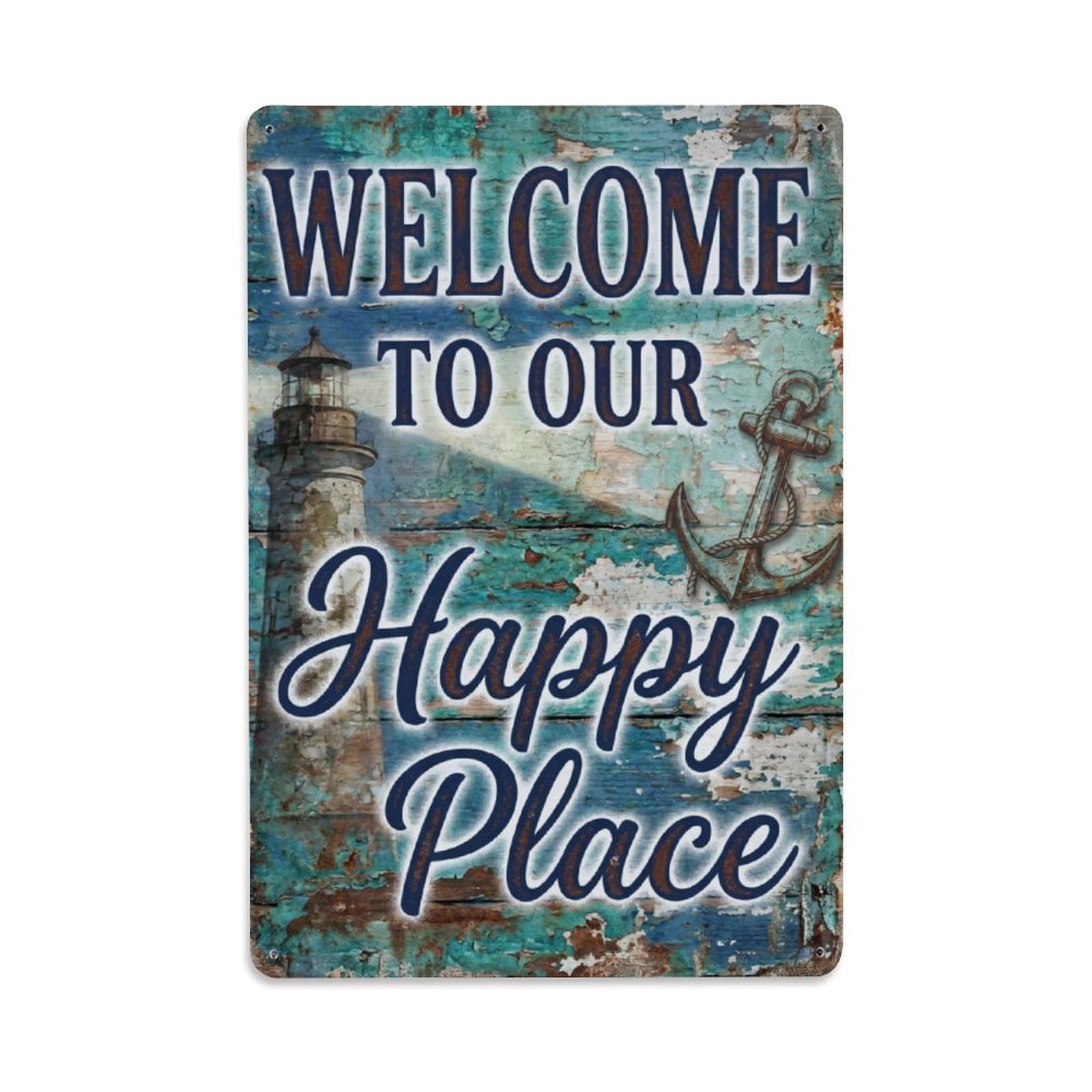 Welcome To Our Happy Place Lighthouse Harbor1 Metal Tin Sign Plaque Wall Decor for Cafe, Club Bar, Office, Home Garden Metal Poster 8x12Inch
