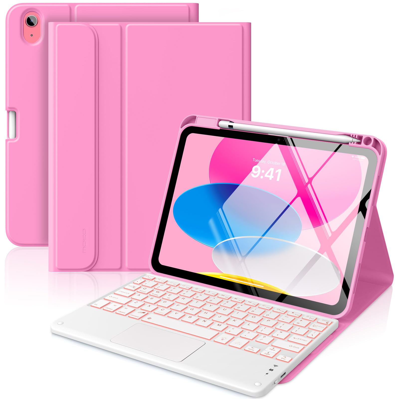 MoKo Custodia con Tastiera Multi-touch per iPad (A16) 11a Gen 11 Pollici 2025, Custodia per iPad 10a Gen 10,9 Pollici con Portapenne, Tastiera Bluetooth Staccabile Retroilluminata a 7 Colori, Peonía