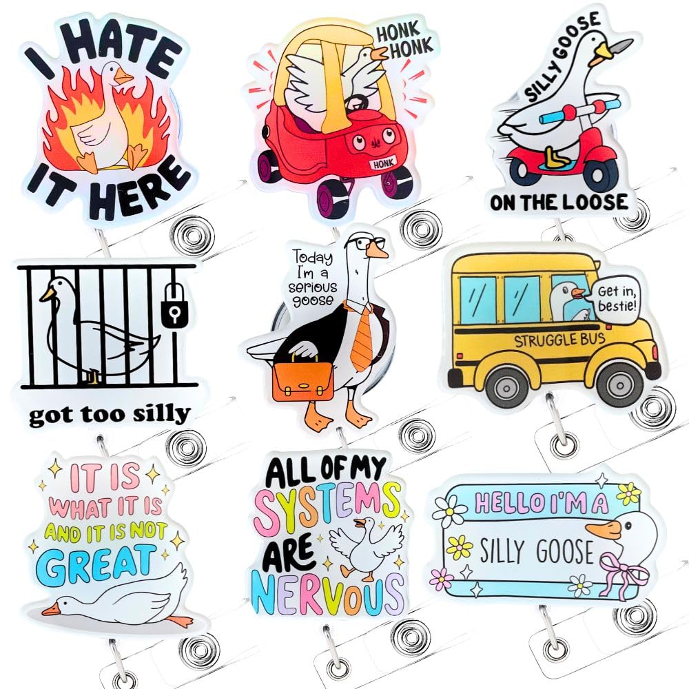 Cute Silly Goose Badge Reels 9PC Set – Funny & Adorable Nurse Badge Reel for Work, Perfect Funny Gift for Nurses, Teachers, Office Workers, and Anyone