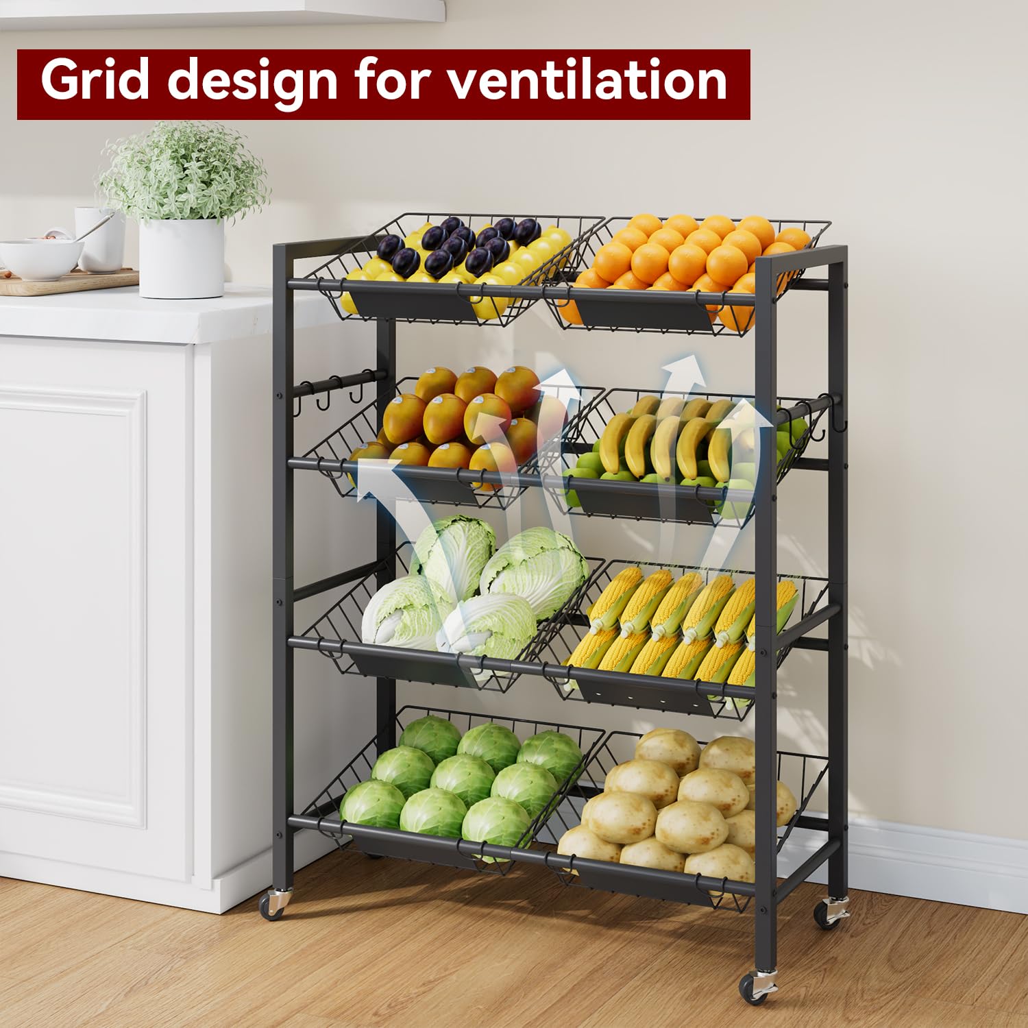 IBUYKE Carrello Grande per Conservazione di Frutta, Carrellino Portatutto in Metallo con 8 Cestelli Rimovibili,Carrello Multiuso con Ruote per Contenitori di Verdure Cipolle e Patate,Nero TLJ025B
