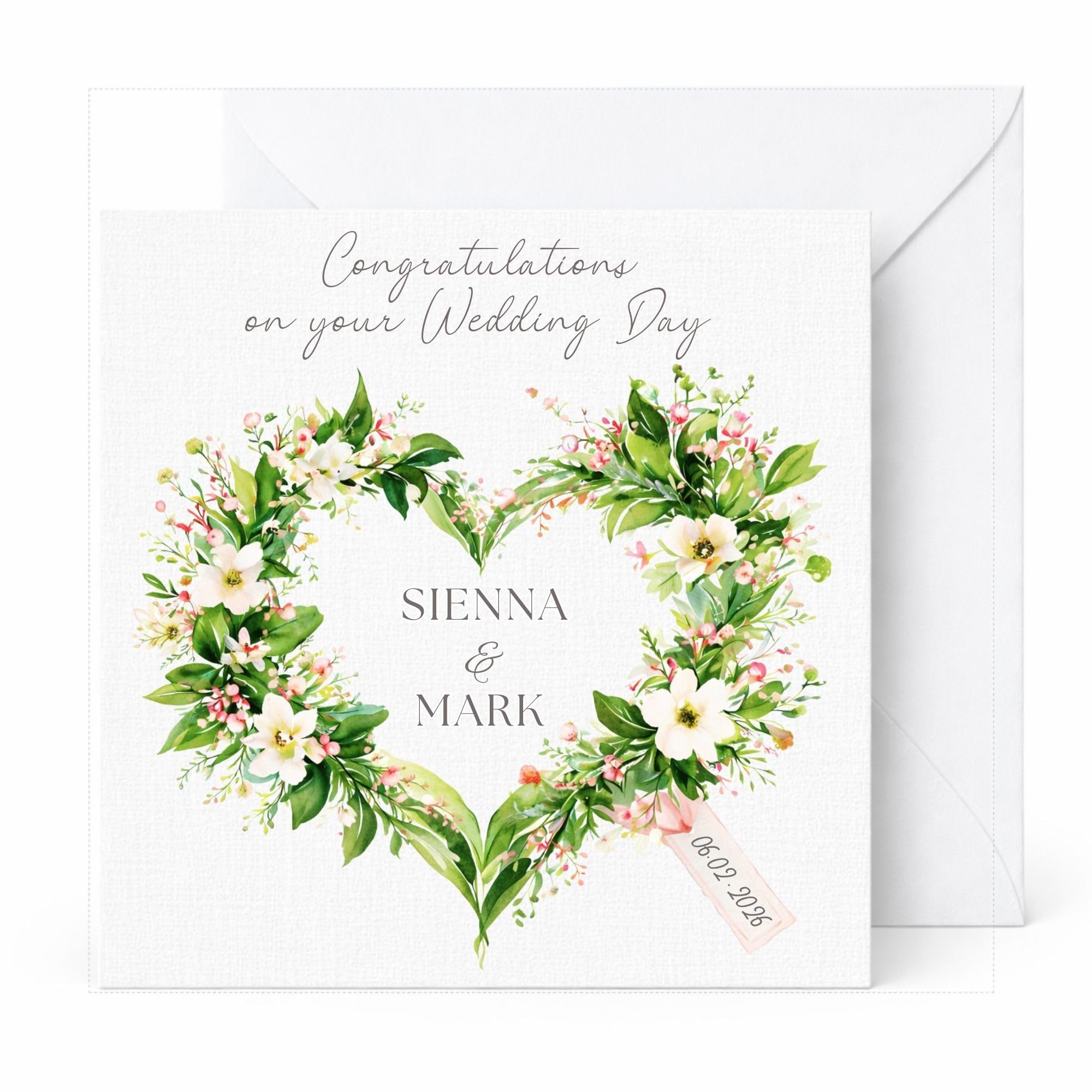 Personalised Wedding Card for Bride and Groom, Custom Names & Date Heart Wreath Card, Elegant Greenery Floral Wedding Day Congratulations Card