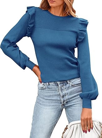 PRETTYGARDEN Women's Ruffle Long Sleeve Sweaters Crew Neck Lightweight Sweater 2025 Fall Trendy Ribbed Knit Pullover Tops