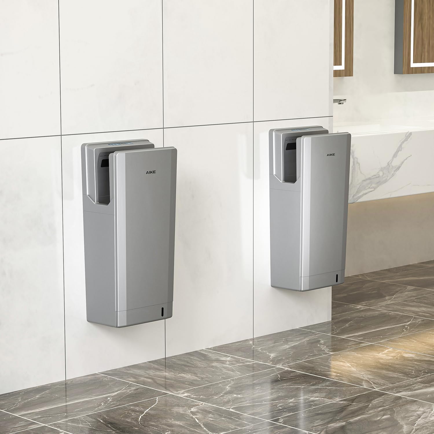 AIKE Swift Sèche-Mains Professionnel avec Filtre HEPA, Design Géométrique, Flux d'air 90M/S, pour Sanitaires à Fort Trafic, 1850W 220V Argent