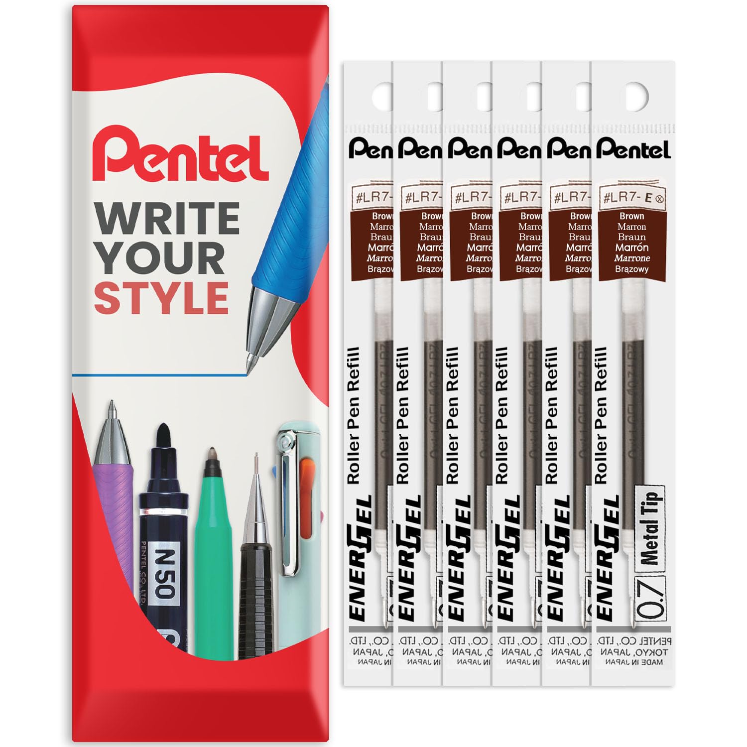 Pentel Energel 0.7mm Refill Metal Tip LR7 - BL77/BL57/BL37 Pen Refill - in Envelope Gift Packaging - Pack of 6 (Brown) โ image 1