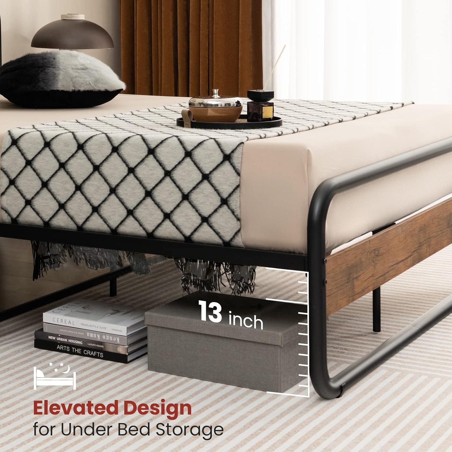 Giantex Queen Size Metal Bed Frame, Platform Bed with Round Wooden Headboard and Footboard, Heavy Duty Metal Slat Support, Modern Bed Frame with Under Bed Storage, No Box Spring Needed, Walnut