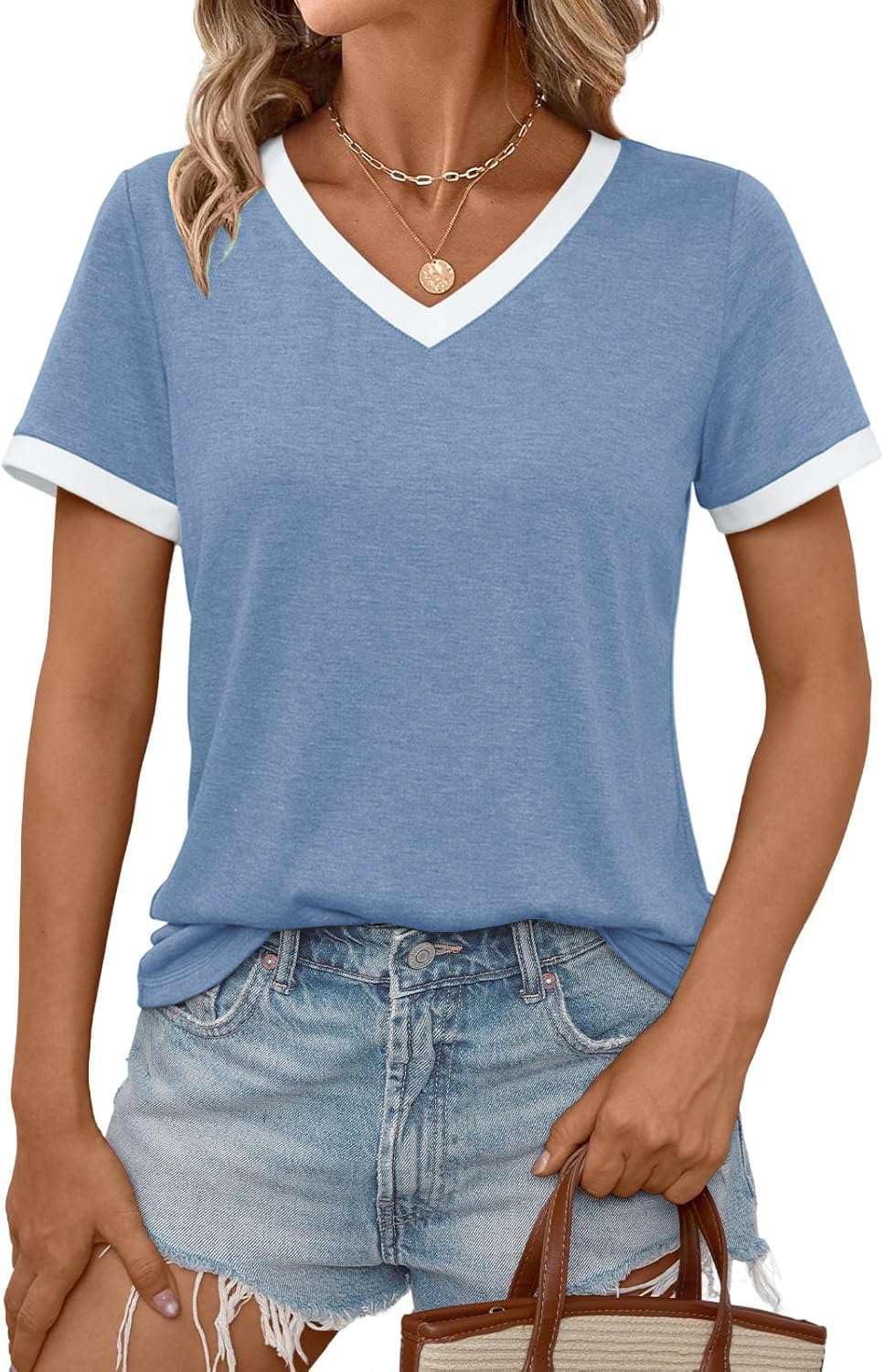 Pawate Damen Tshirt Kurzarm V-Ausschnit Oberteil Sommer Tops Elegant Tunika Bluse
