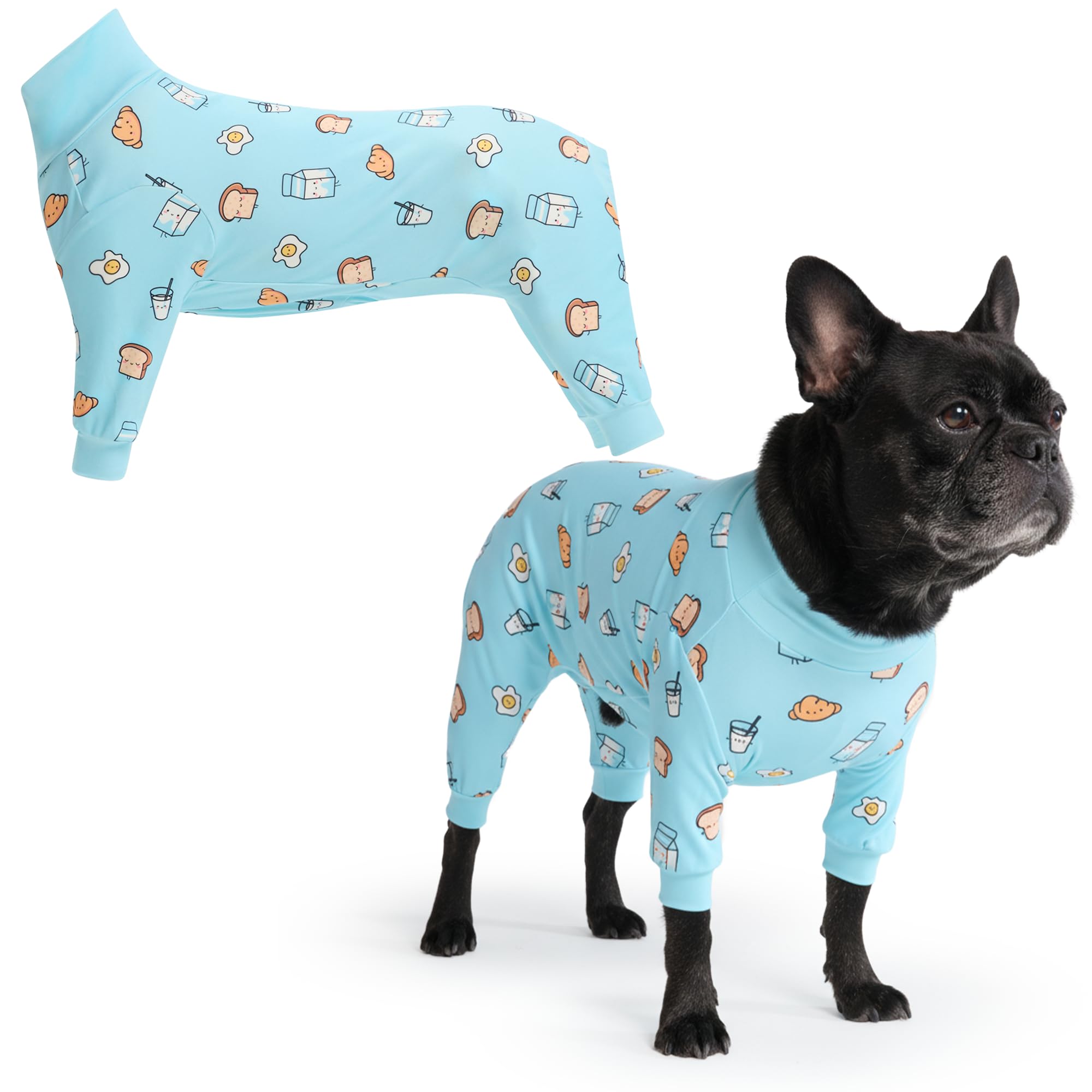 Spark Paws Dog Pajama, Dog Recovery Suit Male, Onesie, Ultra-Soft and 4-Way Stretch, for Small Medium and Large Breeds - Breakfast Blue - XL