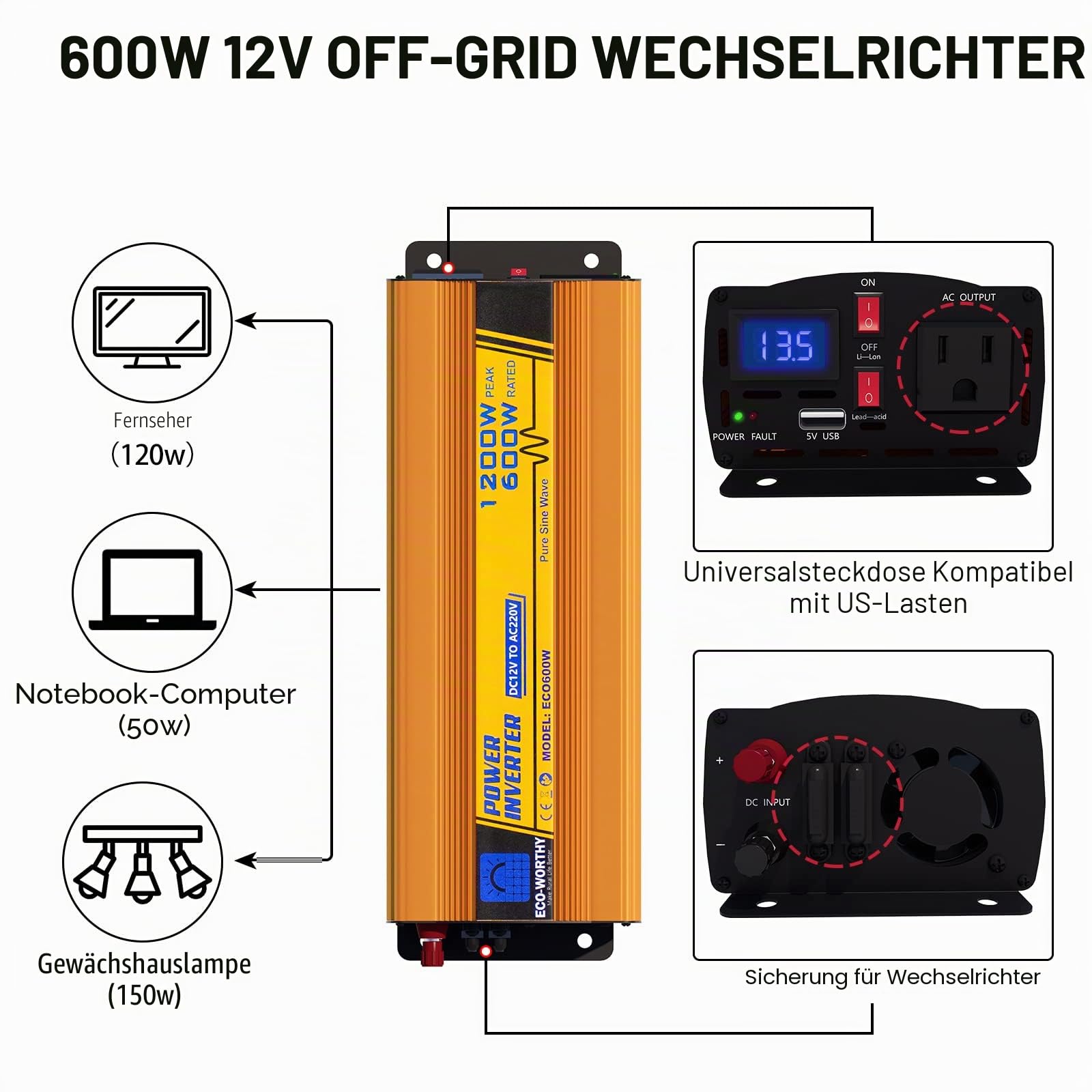 ECO-WORTHY 600W 12V netzunabhängiger Solarwechselrichter DC 12V AC 220V Sinuswelle für Auto Wohnmobil Caravan Camping und Solar System Haus