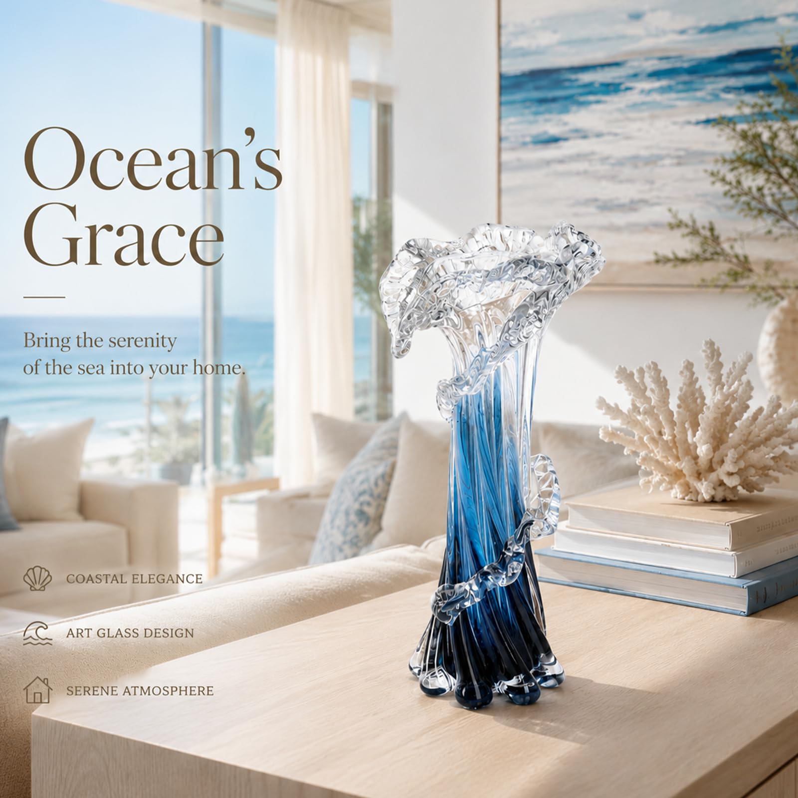 Jarrón de vidrio soplado azul, arte moderno soplado a mano, hermoso centro de mesa único de olas del océano para sala de estar, recámara, computadora de oficina, mesa de centro y decoración de boda (L