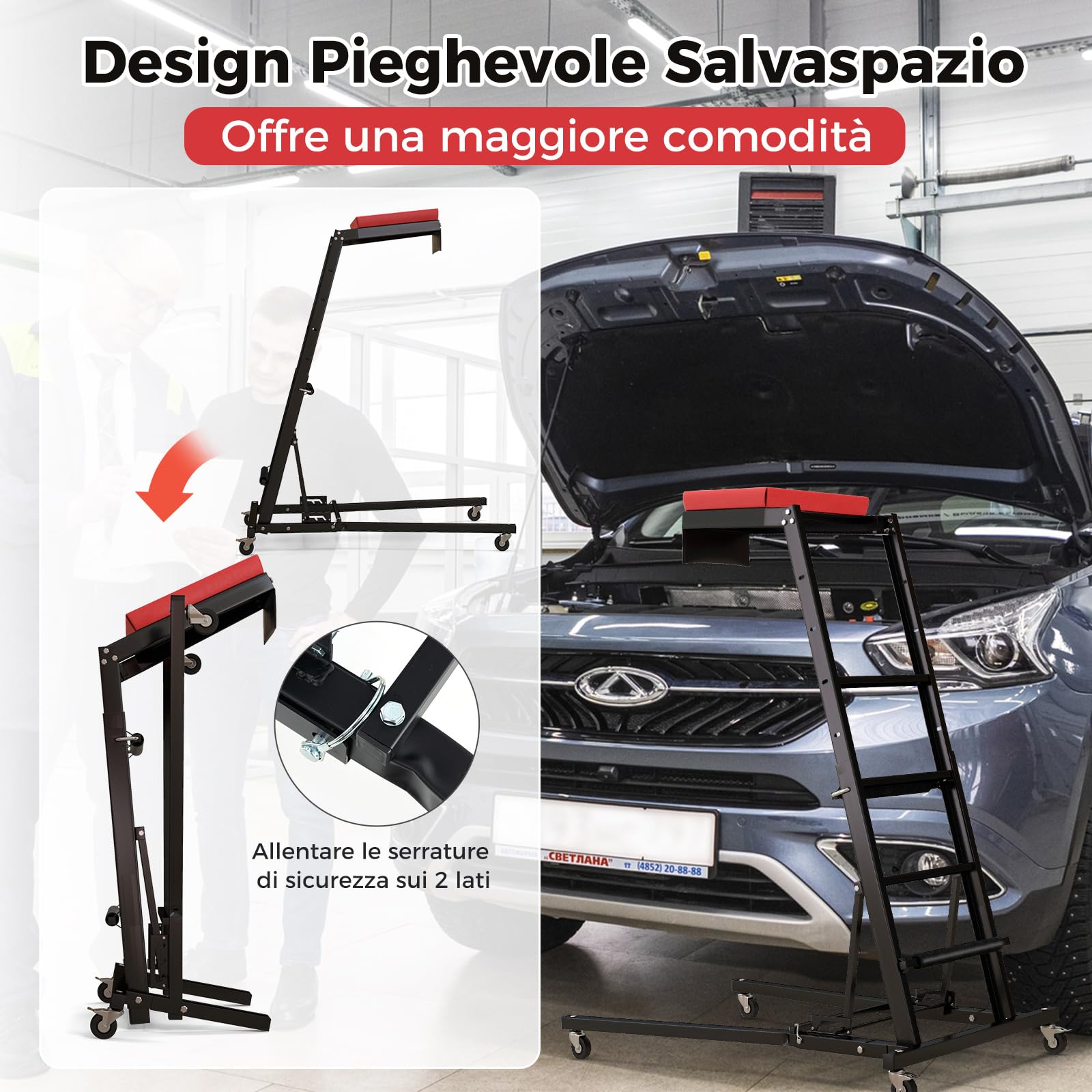 COSTWAY Creeper Pieghevole per Motore, Creeper per Motore Auto con Altezza Regolabile e Angolazione, 4 Ruote, Piattaforma Imbottita, Capacità Carico 180kg, per Garage e Officina di Riparazione