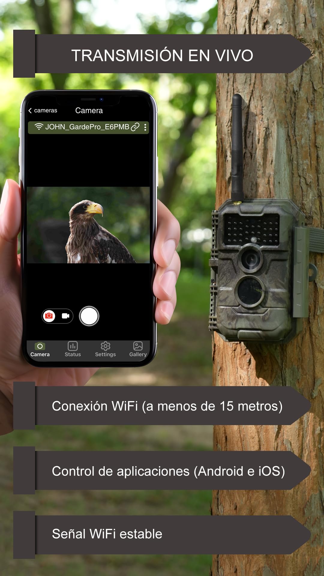GardePro E6P MAX Cámara de Caza, WiFi, Batería Recargable 8000mAh, Tarjeta SD Incorporada, 64MP 1296P, Camara Fototrampeo con Visión Nocturna, Amplio Campo de Visión de 110°