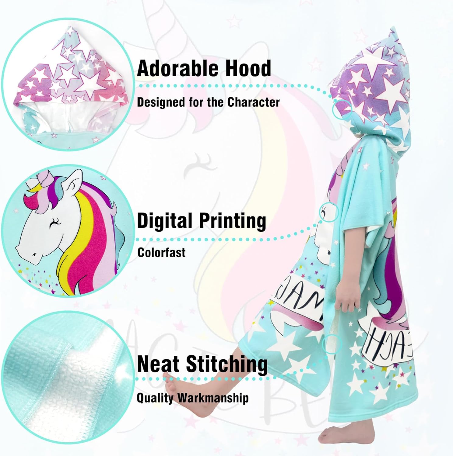 Hooded Kids Beach Towels - Toddler Bath Towel Girls Boys Swim Cover-ups for Ages 1 to 6 Kids Pool Towels Quick Dry Lightweight Soft Microfiber Poncho Towel 24x23 (Unicorn Aqua) - Image 3