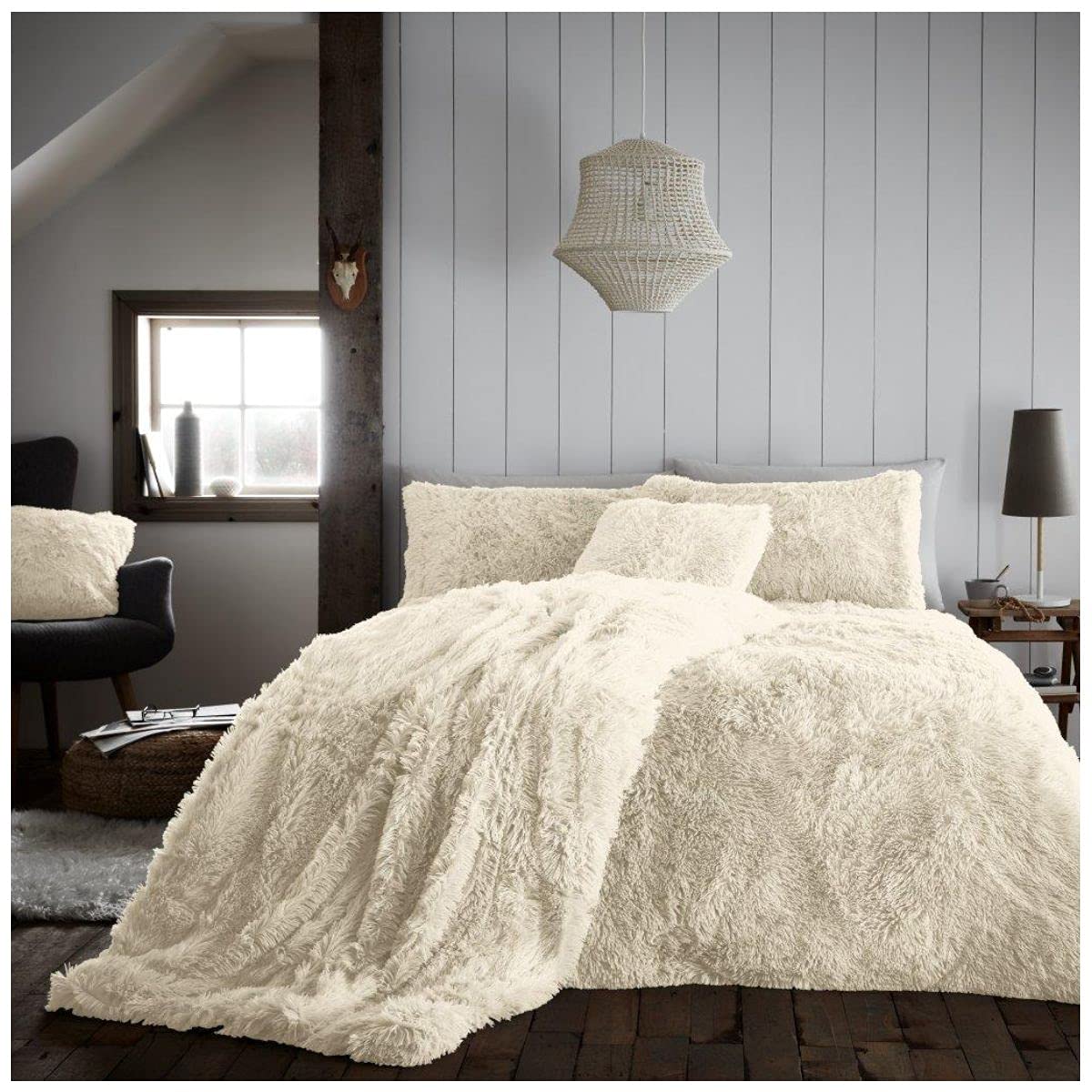 GC GAVENO CAVAILIA Easy Care Hug and Snug Teddy Bear Bedding, Extra Fuzzy Kingsize Quilt Covers Bed Set With Matching Pillowcases, Warm and Thermal Teddy Fluffy Fur Bedding, Cream