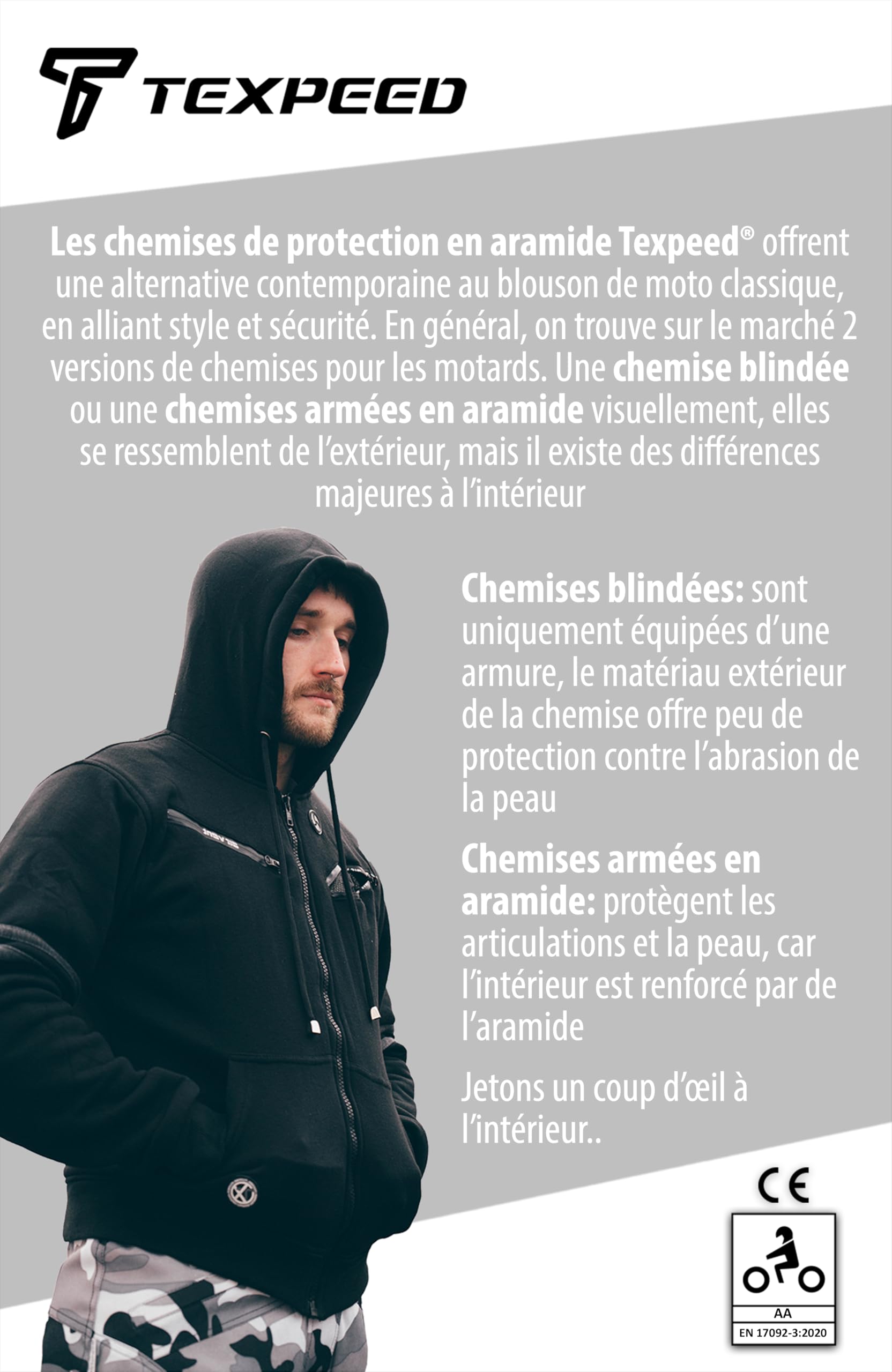 Texpeed Veste à capuche moto pour homme - Sweat à capuche en Aramide de protection avec protection (EN 1621-1) - Gris noir 6XL