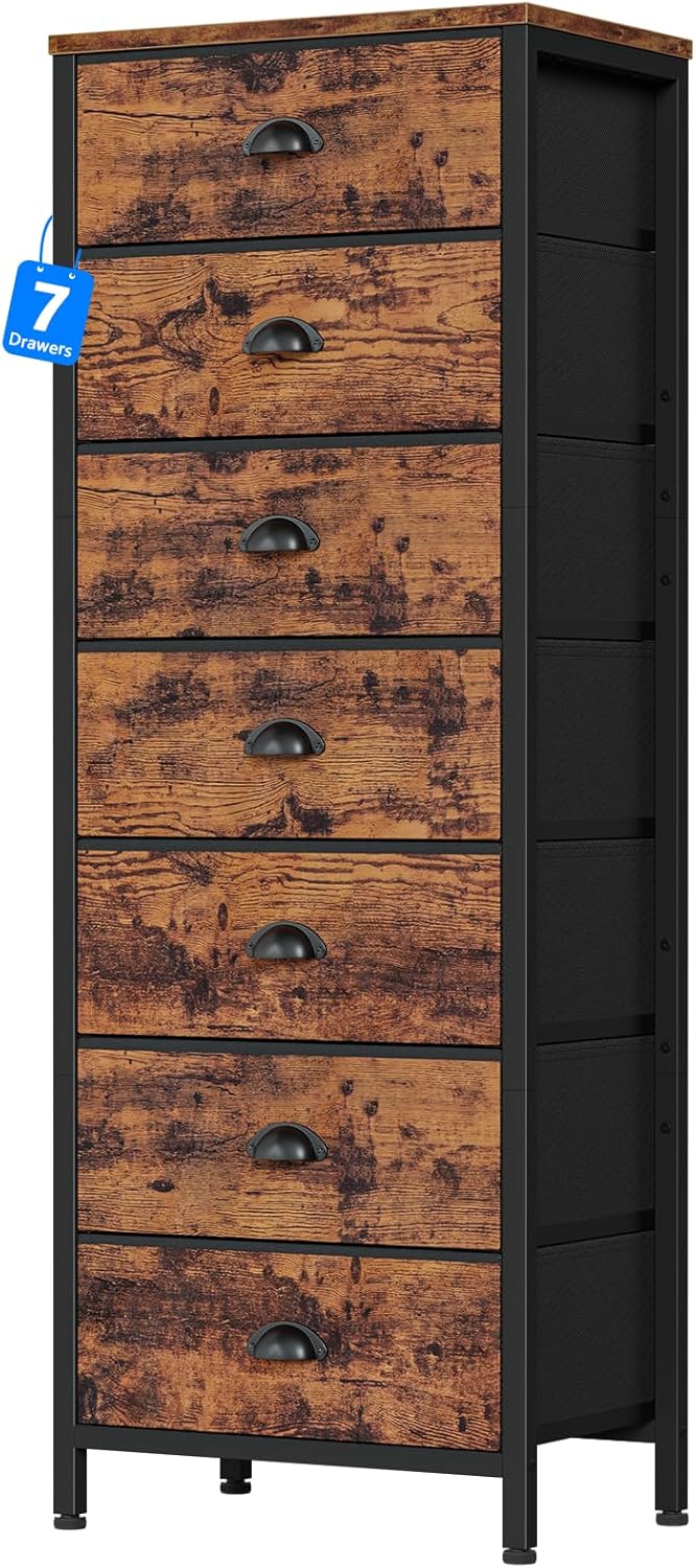 Furnulem Dresser with 7 Drawers,Tall Chest of Drawers Industrial Fabric Dresser for Bedroom,Vertical Storage Tower Bedside Furniture in Living Room,Closet,Entryway-Sturdy Steel Frame(Rustic Brown) Rustic Brown 11.4"D x 15.8"W x 47.5"H (7 Drawers)