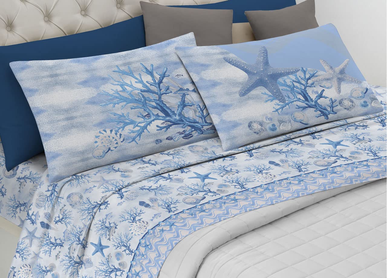 Biancheriaweb Juego de Sábanas Bajera Ropa Cama Pensieri Delicati 100% Algodón Dis. Marina New