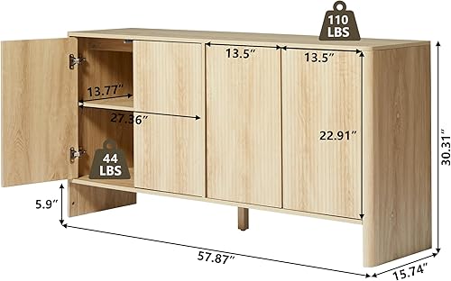 Miniatura 2 de Aparador bohemio, moderno de mediados de siglo, aparador de credenza acanalado largo con almacenamiento para cocina, comedor, oficina, sala de