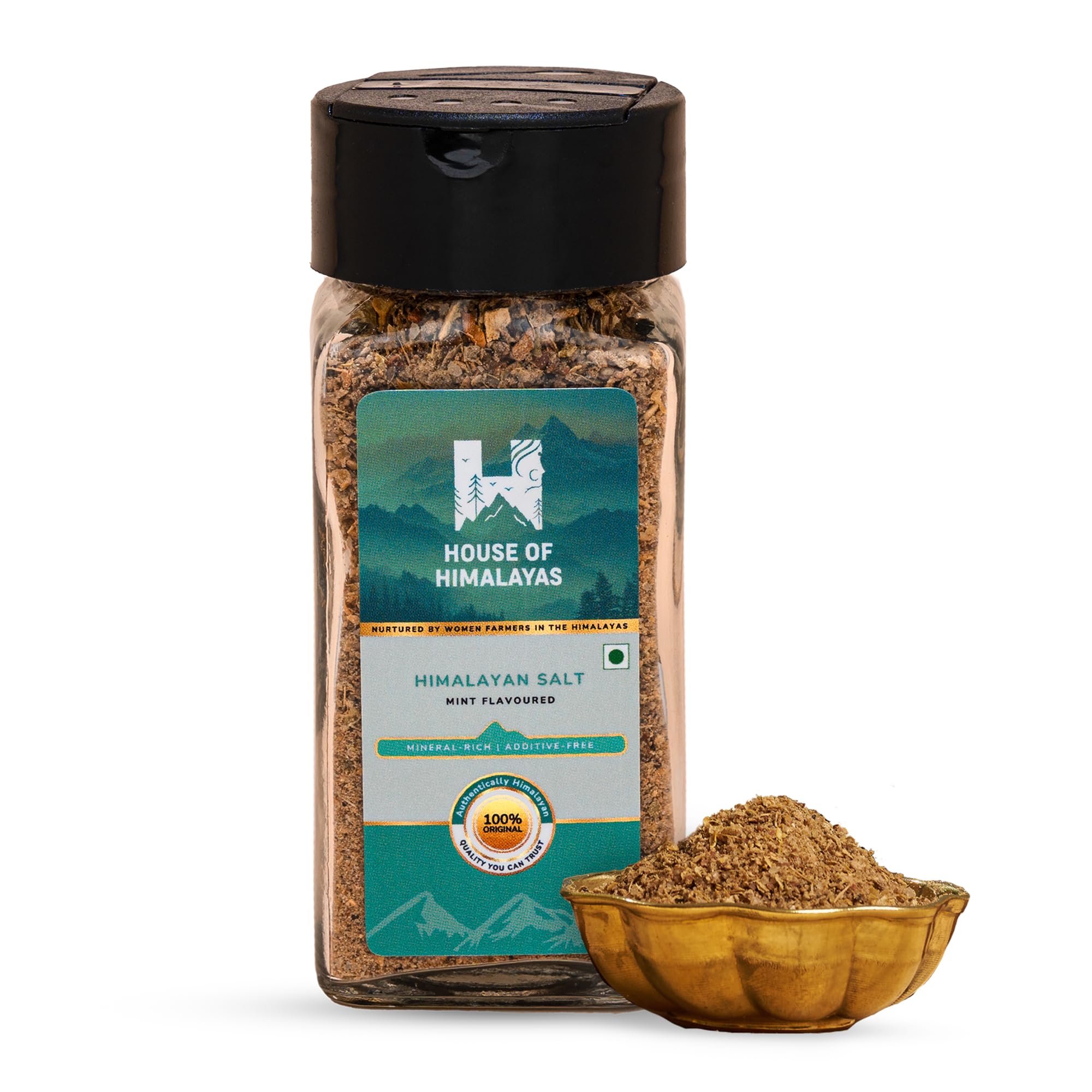 House of Himalayas Mint Flavoured Salt, Hand Ground Himalayan Salt, Refreshing Herbal Seasoning, Natural and Authentic, Ground with the Traditional Sil Batta, 75g