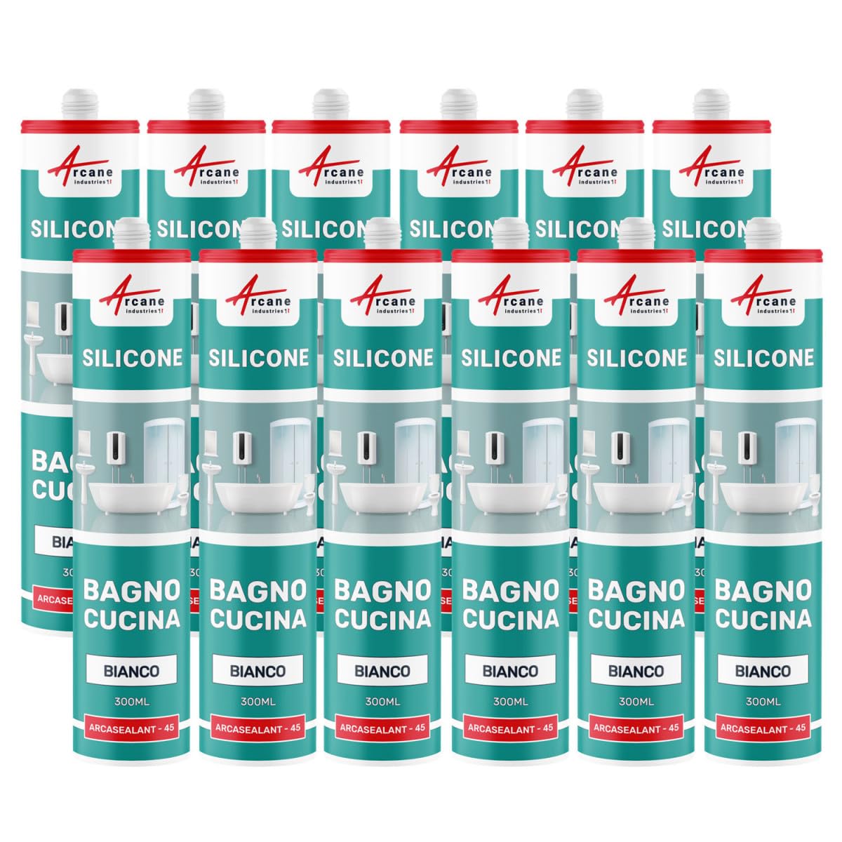 Sigillante Silicone Bagno, Doccia, Vasca, Lavabo 300 ml x 12 Bianco | Sigillante Sanitario Impermeabile, Antimuffa, per Doccia, Vasca, Piastrelle e Cemento, Interno/Esterno - Arcane Industries
