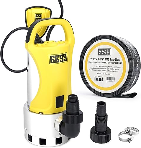 Bomba de sumidero de 1.5 HP Bomba de agua sumergible con manguera de retrolavado de 25 pies x 1-12 pulgadas, bomba de acero inoxidable de hasta 5500