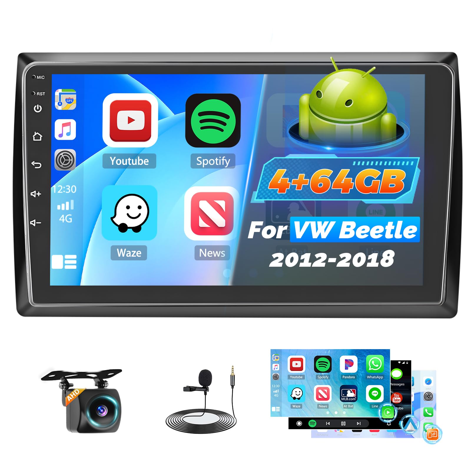 Roinvou 9-inch Android Autoradio Voor VW Beetle (2012-2018) – 4+64GB, Draadloos CarPlay & Android Auto, GPS, Bluetooth, 32EQ, FM/RDS, Achteruitrijcamera & Stuurwielbediening