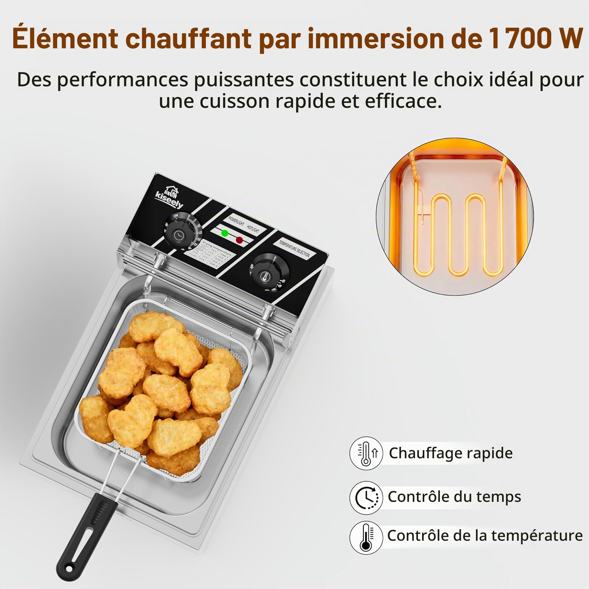 Friteuse 20L Electrique INOX, Friteuse Commerciale 3500 W avec paniers et couvercles, double cuve, avec contrôle de la durée et de la température (Friseur unique 10L NQ7)