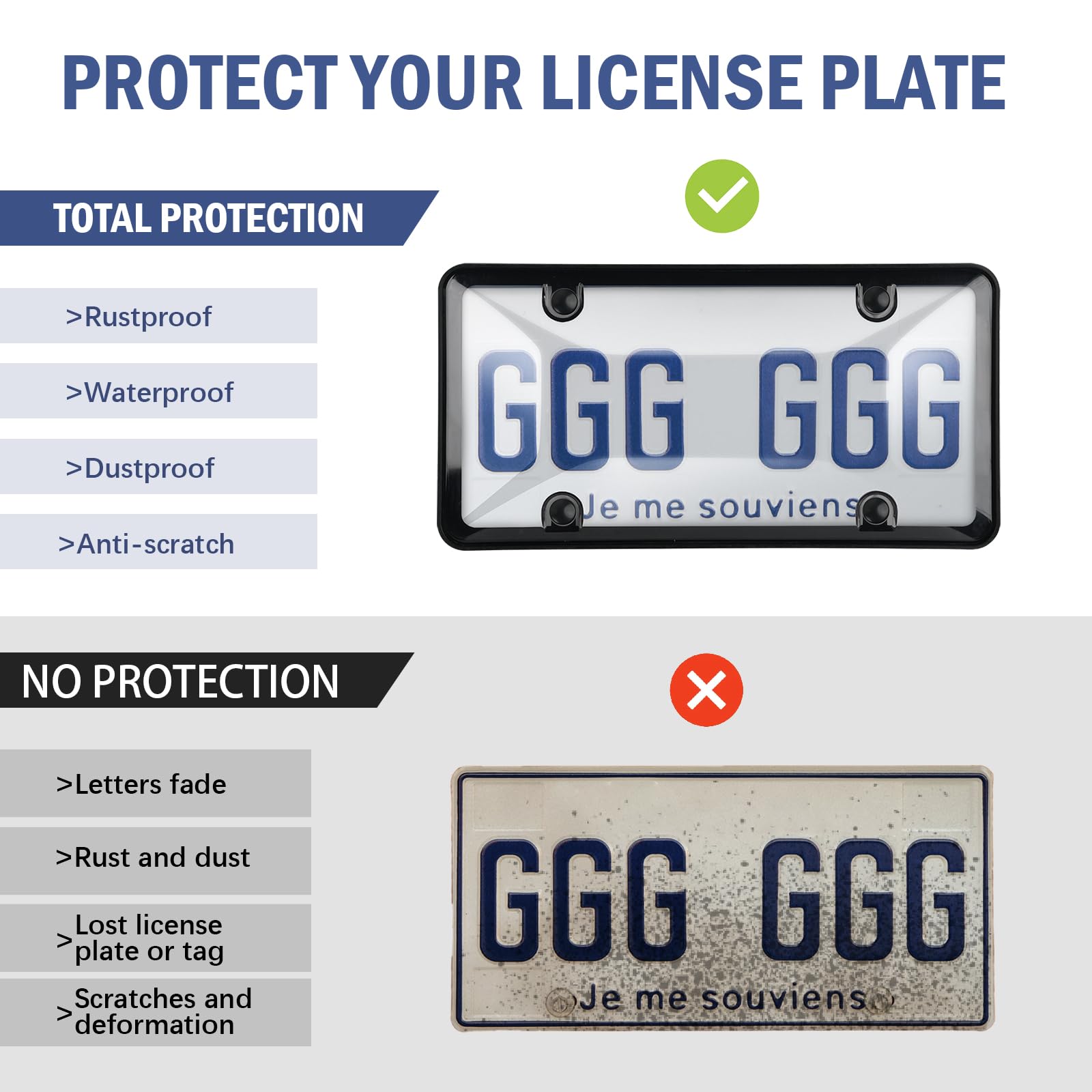 2-Pack Clear License Plate Covers & Frames - ABS Plastic, Universal Fit For US Plates (12.4x6.3 In) - View #3