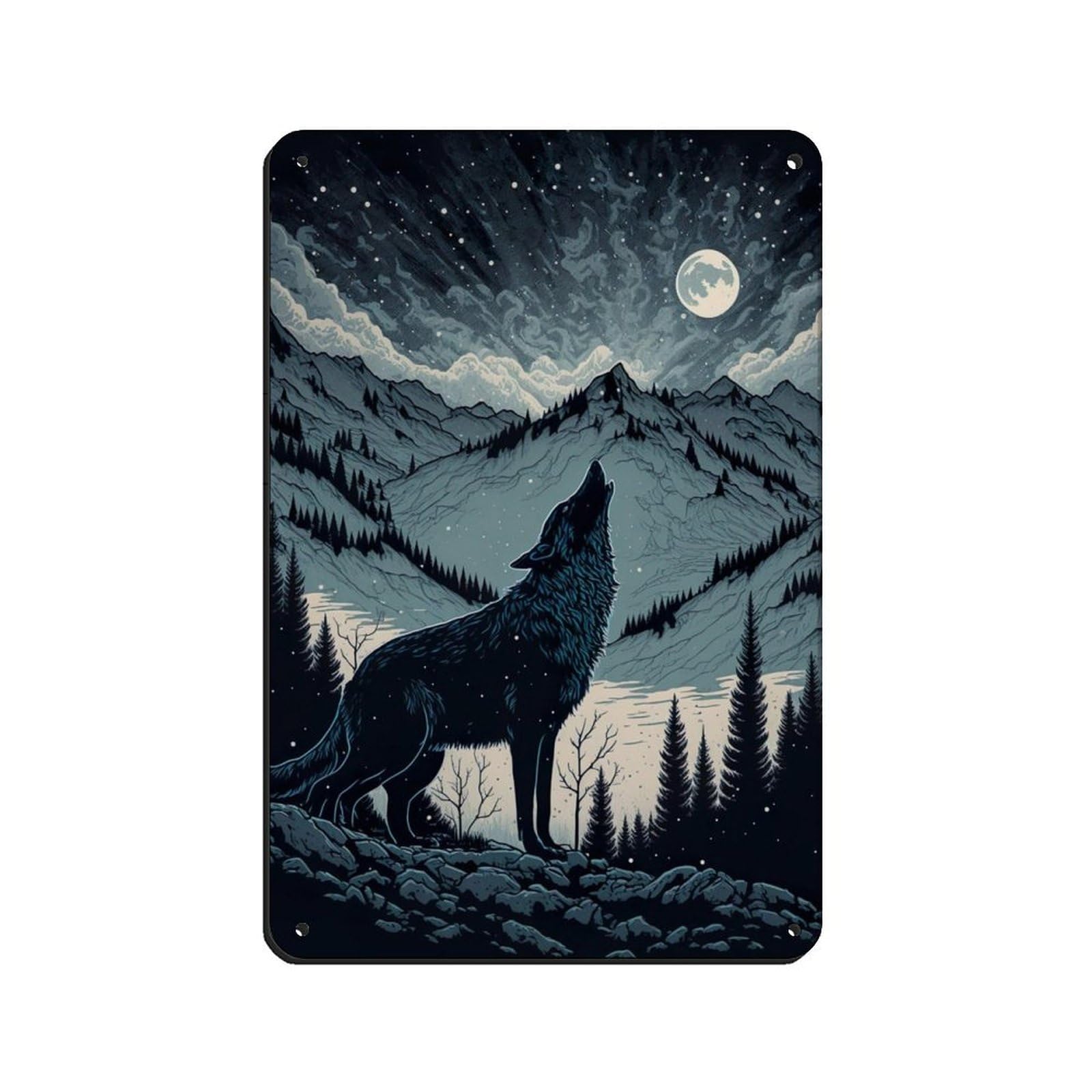Lxwnze 20L X 30W Cm Wolf Howling At The Moon,Scandinavian Landscape Retro Poster Metal Tin Sign Chic Art Retro Iron Painting Bar People Cave Cafe Family Garage Poster Wall Decoration 8X12inch(20X30cm)