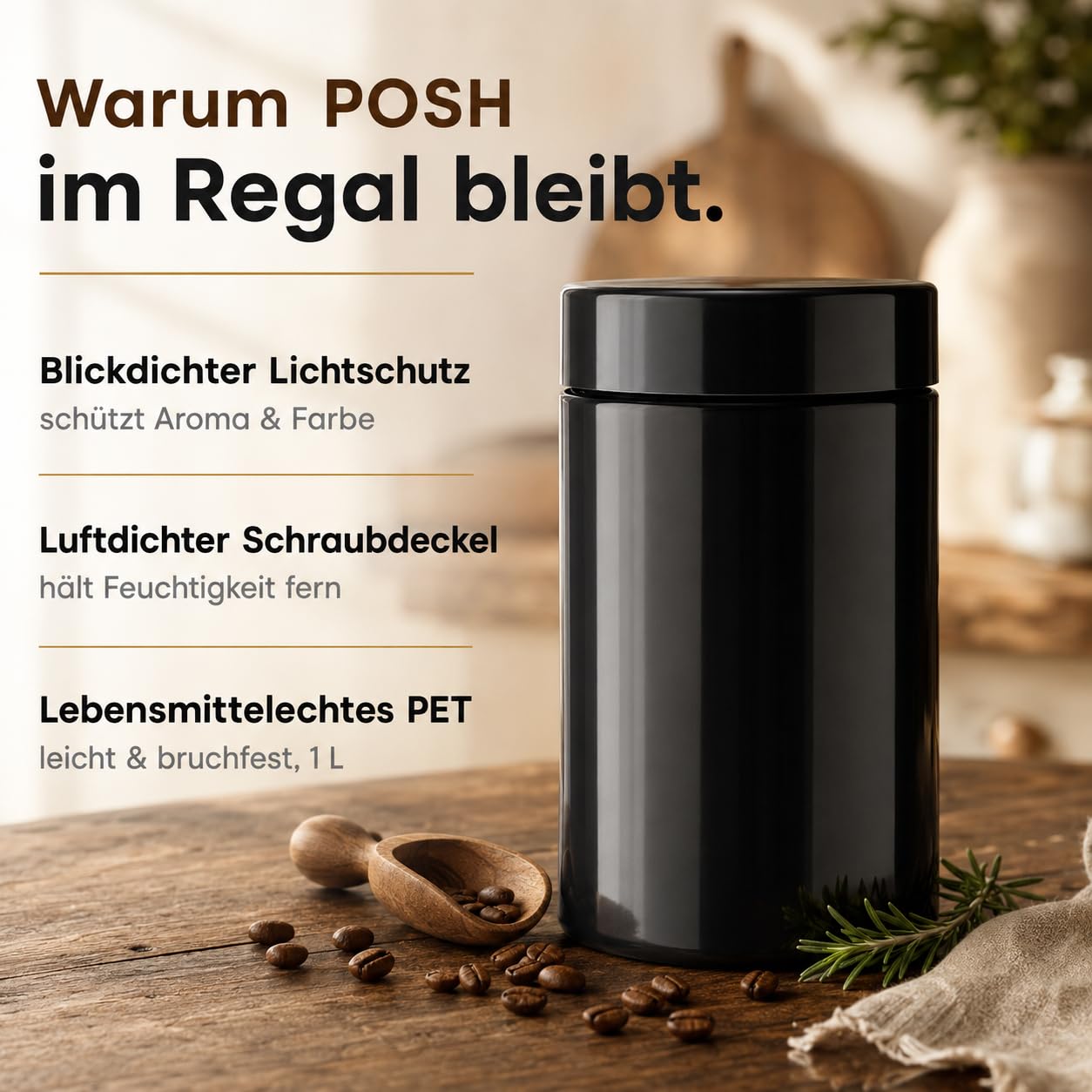 POSH Barattoli ermetici, 100 x 1 l, in PET per uso alimentare, con coperchio a vite, contenitori in plastica opaca con coperchio, per caffè, tè, erbe, barattoli in plastica rotondi impilabili