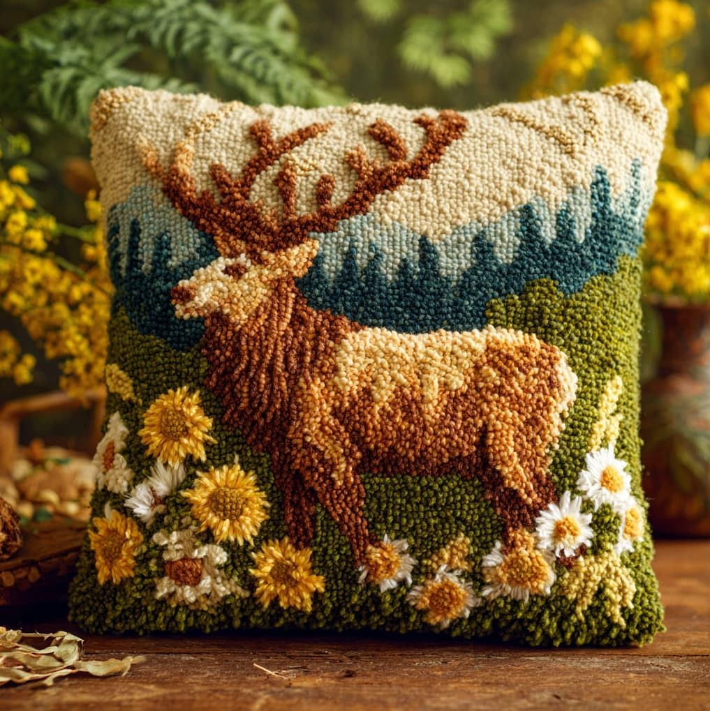 AxiangziK Latch Hook Pillow Making Kit 43x43cm,Deer and Flowers