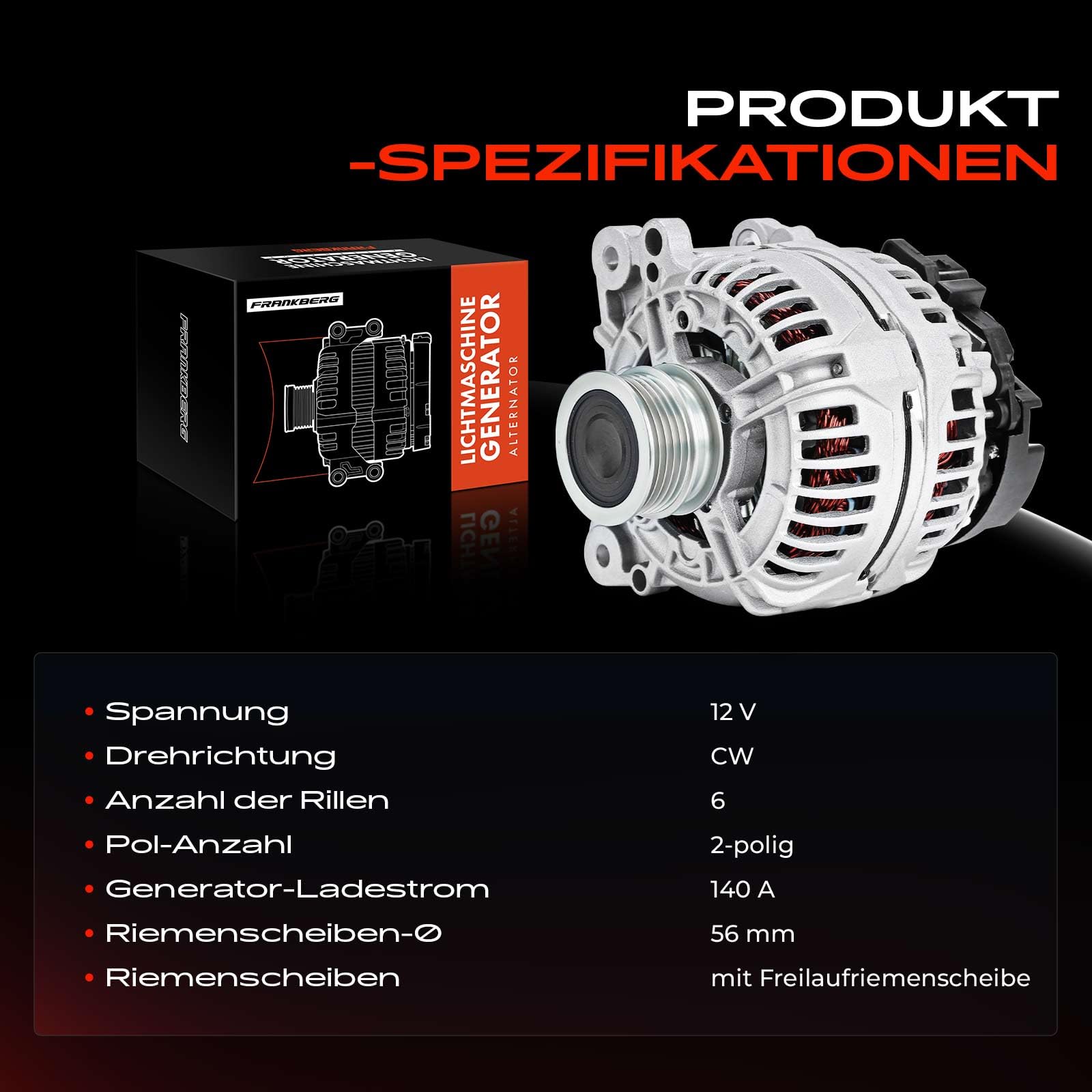 Frankberg Lichtmaschine Generator 2-Polig Kompatibel mit A3 8P1 1.6L-3.2L 2003-2012 Golf V 1K1 1.6L-3.2L 2003-2009 P.a.s.s.a.t 3C2 1.6L-3.2L 2005-2010 Repalce# 07K903023A