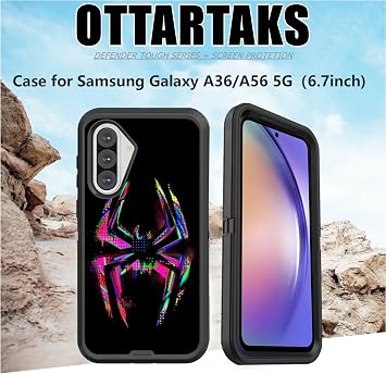 Samsung Galaxy A36 A56 ケース スクリーンプロテクター付き スパイダー クール フルボディ 高耐久 ブラック 耐衝撃 3層保護ケース Samsung Galaxy A56/A36 ボーイズ メンズ
