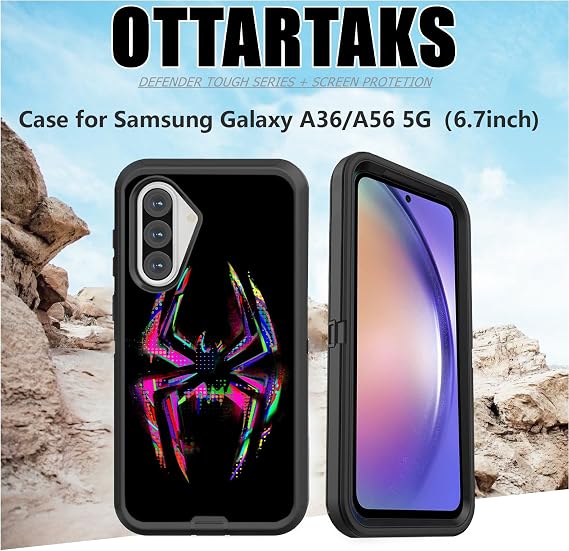 Samsung Galaxy A36 A56 ケース スクリーンプロテクター付き スパイダー クール フルボディ 高耐久 ブラック 耐衝撃 3層保護ケース Samsung Galaxy A56/A36 ボーイズ メンズ