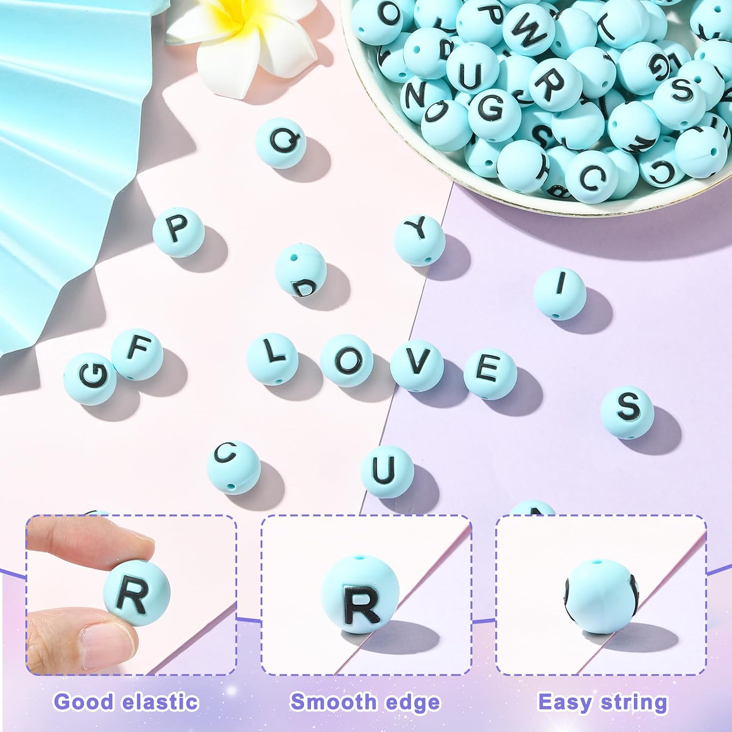 104 Pcs Silicone Letter Beads for Bracelets 15mm Round A-Z Alphabet Beads Bulk for Pens Keychain Lanyards DIY Crafts Jewelry Making(Sky Blue)