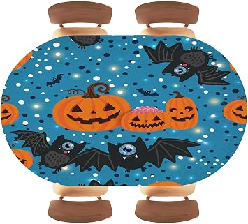 Halloween Pumpkin Fitted Oval Tablecloth with Elastic Edges, Washable Table Cover Waterproof for Dinning, Picnic, Camping, Banquet Tables Protectors, Fits 52"x70" Oval Tables, Style 37